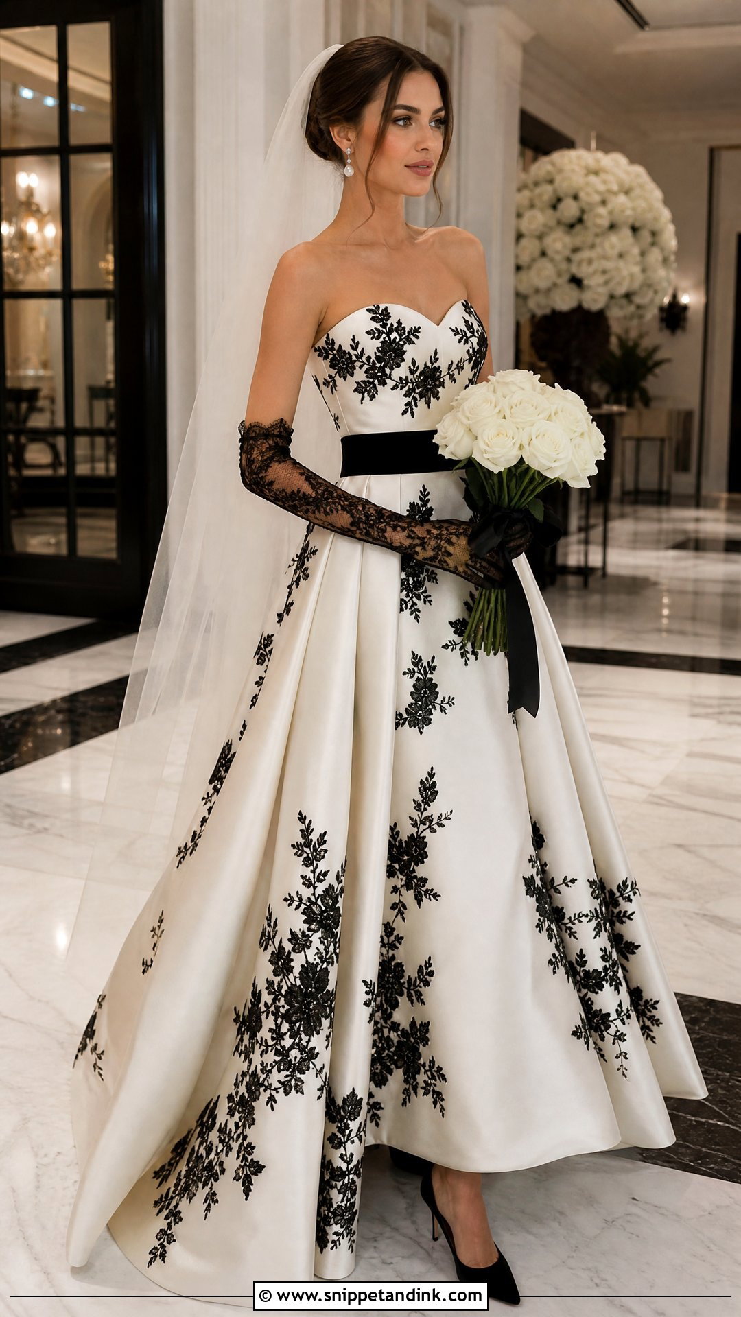 Black And White Reign Wedding Dress With Lace Gloves - Snippet and Ink - 20 Reign Wedding Dress Ideas