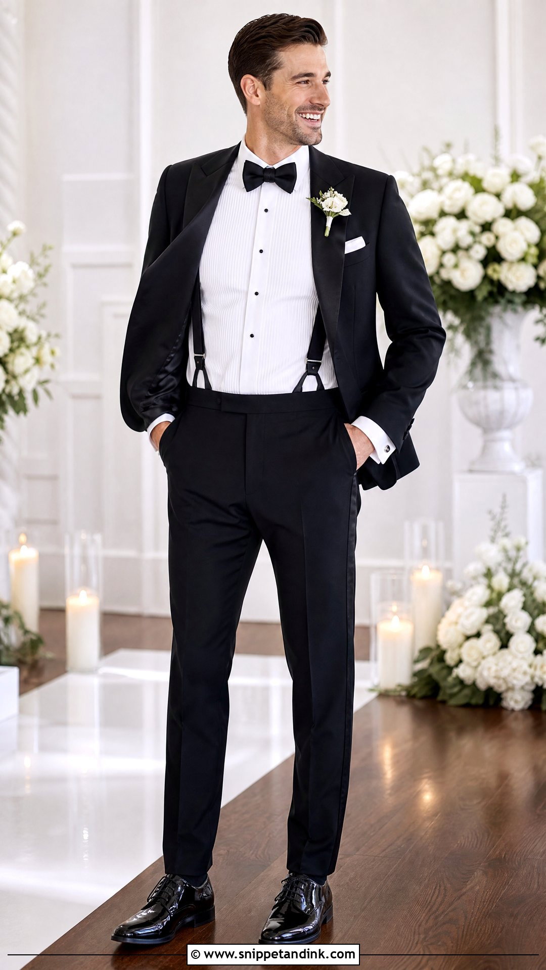 Black And White Tuxedo With Suspenders - Snippet and Ink - 20 White and Black Tuxedo Wedding Ideas
