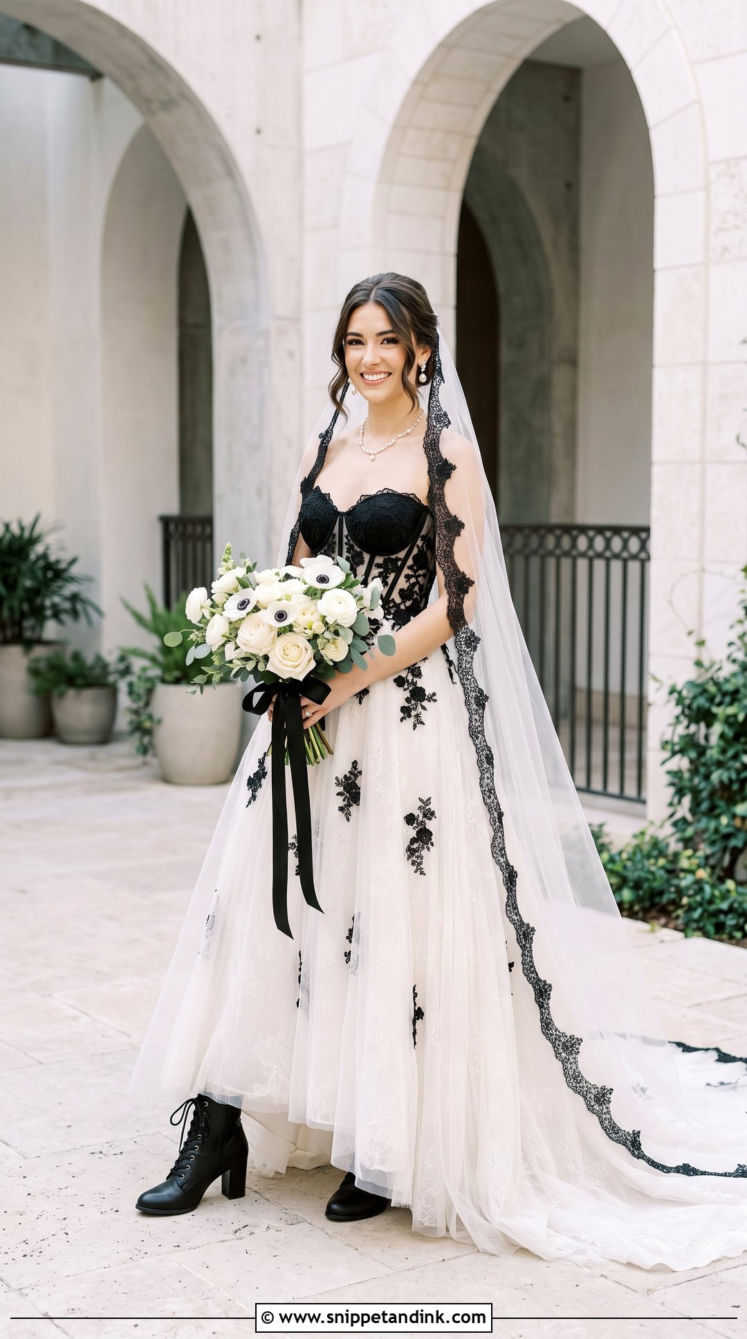 Black And White Wedding Dress With Lace Up Boots - Snippet and Ink - 20 Rock and Roll Wedding Dress Ideas