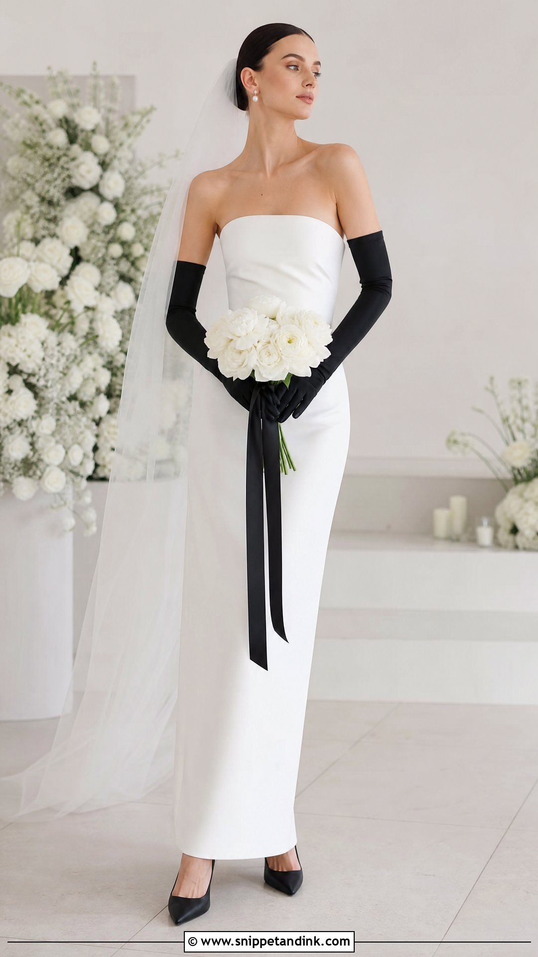 Black And White Wedding Dress With Long Black Gloves - Snippet and Ink - 20 Wedding Dress with Long Gloves Ideas