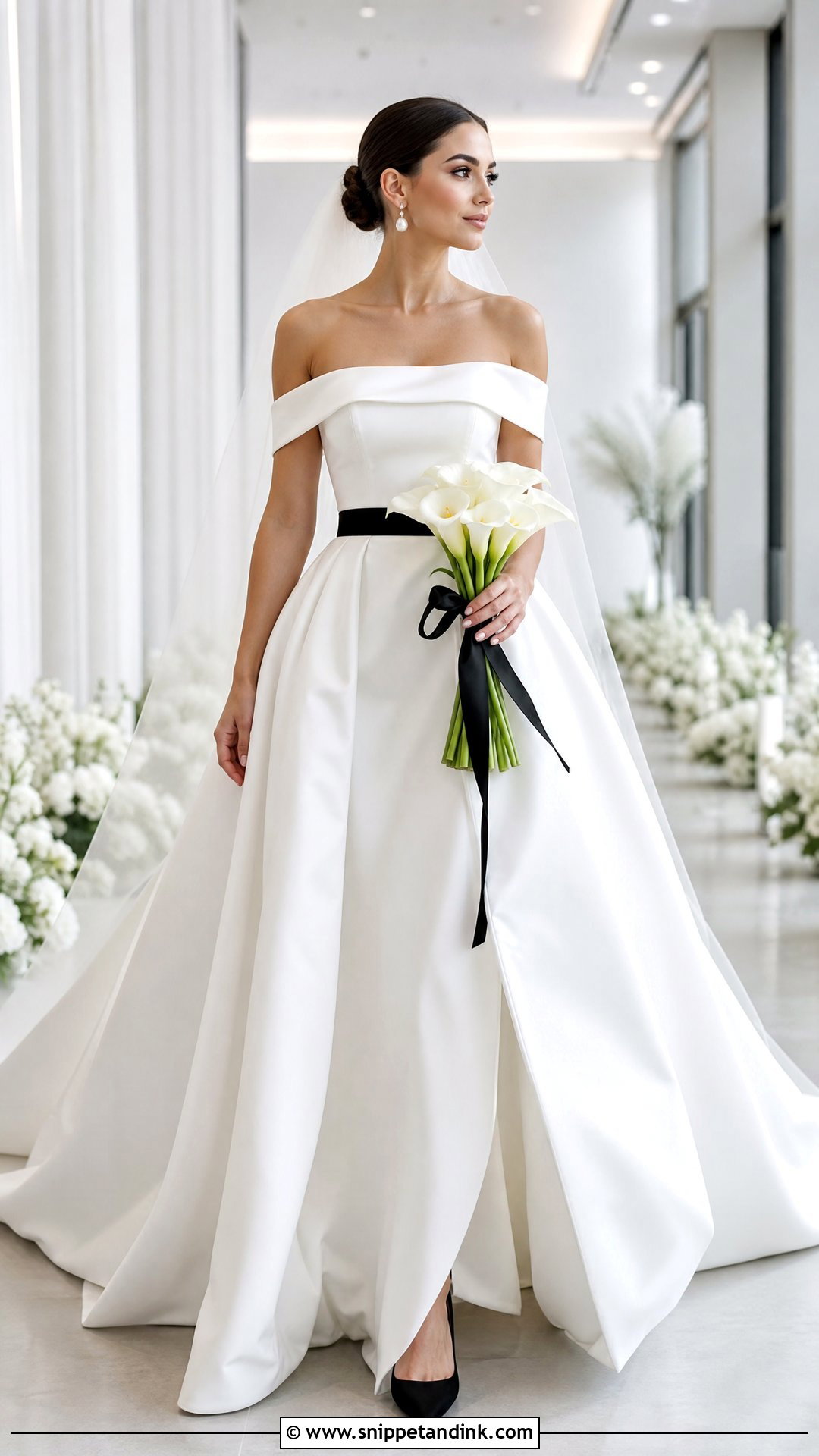 Black And White Wedding Dress With Off Shoulder Sleeves - Snippet and Ink - 20 Wedding Dress Off Shoulder Sleeves