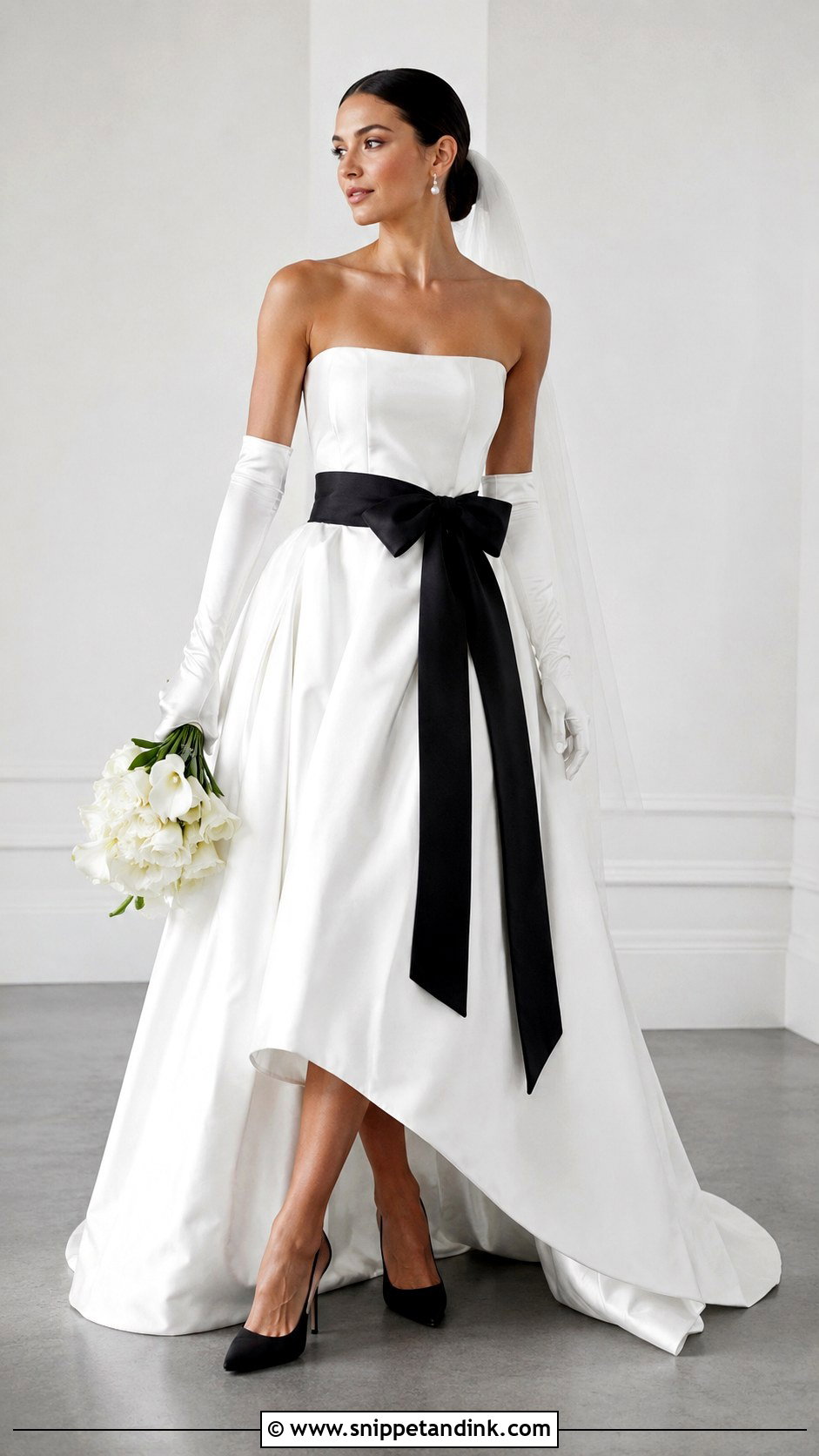 Black And White Wedding Gown With Gloves - Snippet and Ink - 25 Wedding Gown with Gloves Ideas