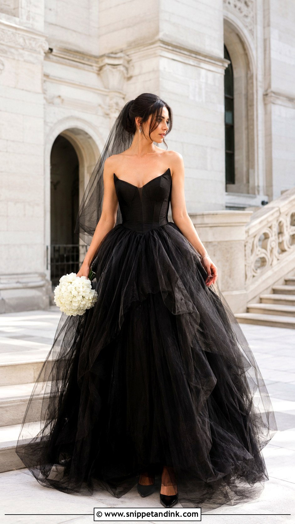 Black Ball Gown Elopement Dress With Simple Jewelry - Snippet and Ink - 20 Black Elopement Dress Ideas