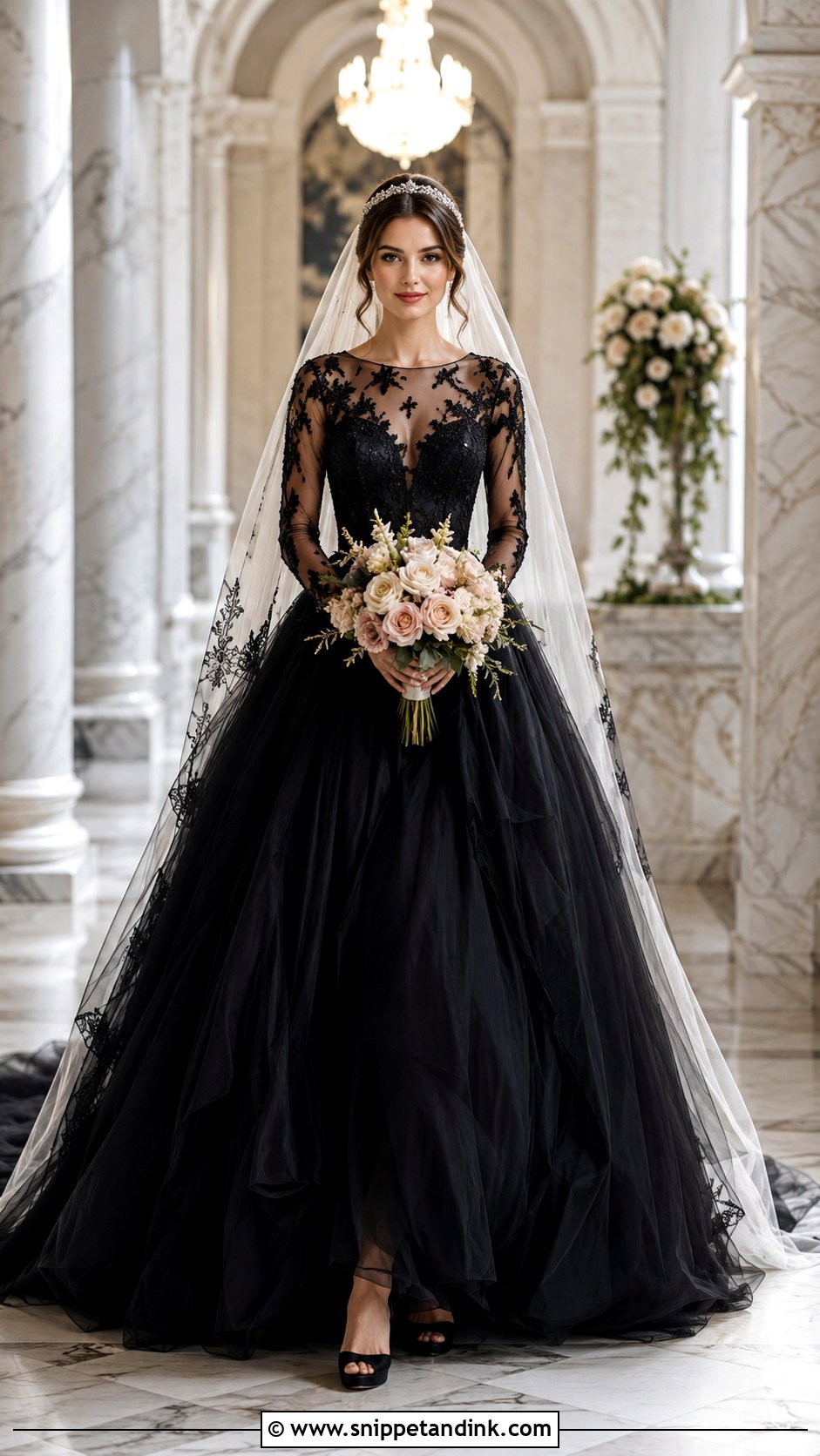 Black Ball Gown Wedding Dress With Illusion Sleeves - Snippet and Ink - 20 Black Wedding Dress with Sleeves
