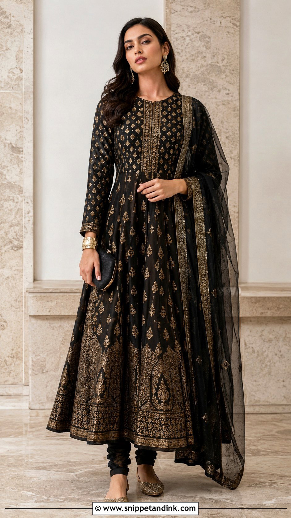 Black Banaras Anarkali Dress With Antique Gold Accessories - Snippet and Ink - 20 Banaras Anarkali Dresses