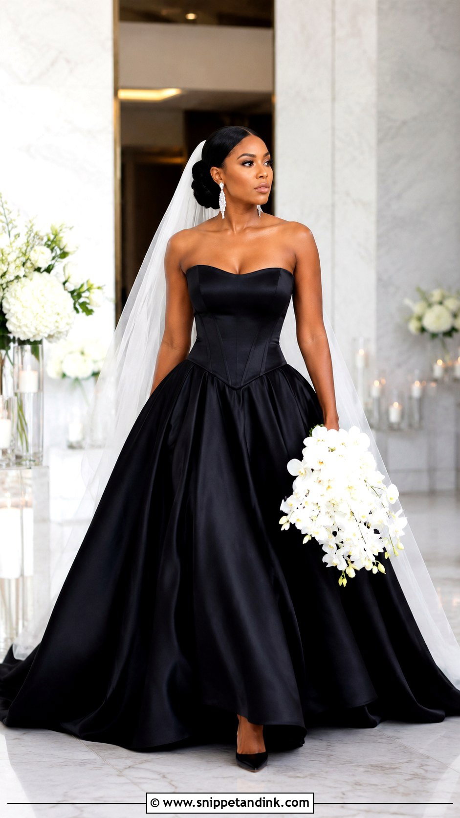 Black Basque Waist Ballgown Wedding Dress With Drop Earrings - Snippet and Ink - 20 Ballgown Wedding Dress Black Woman Ideas