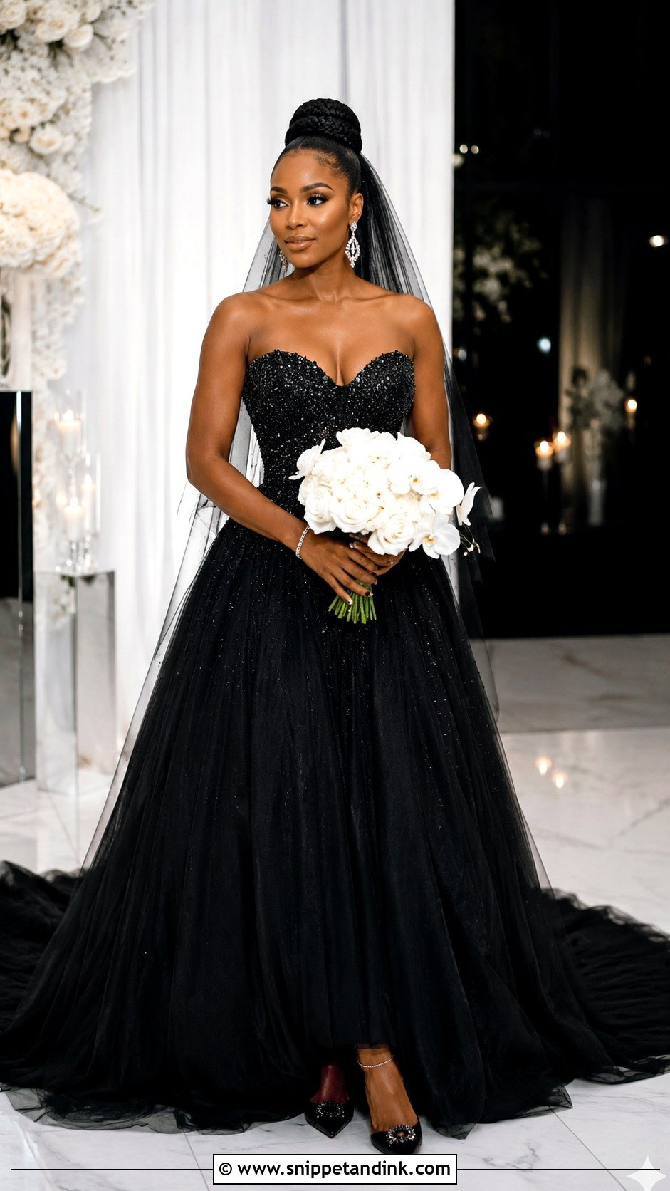 Black Beaded Ballgown Wedding Dress With Statement Earrings - Snippet and Ink - 20 Ballgown Wedding Dress Black Woman Ideas