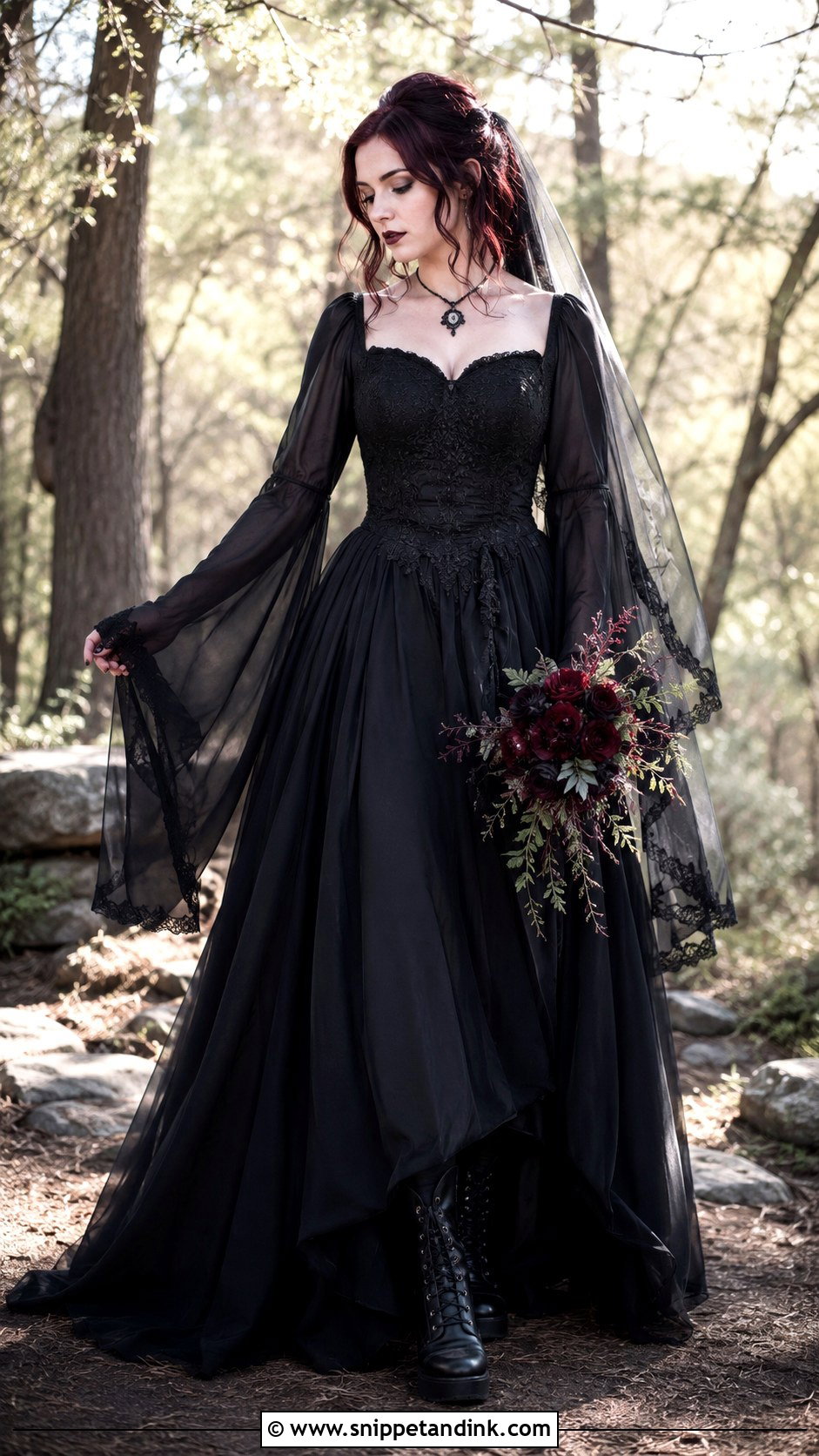 Black Bell Sleeve Goth Wedding Dress - Snippet and Ink - 20 Black Goth Wedding Dress Ideas