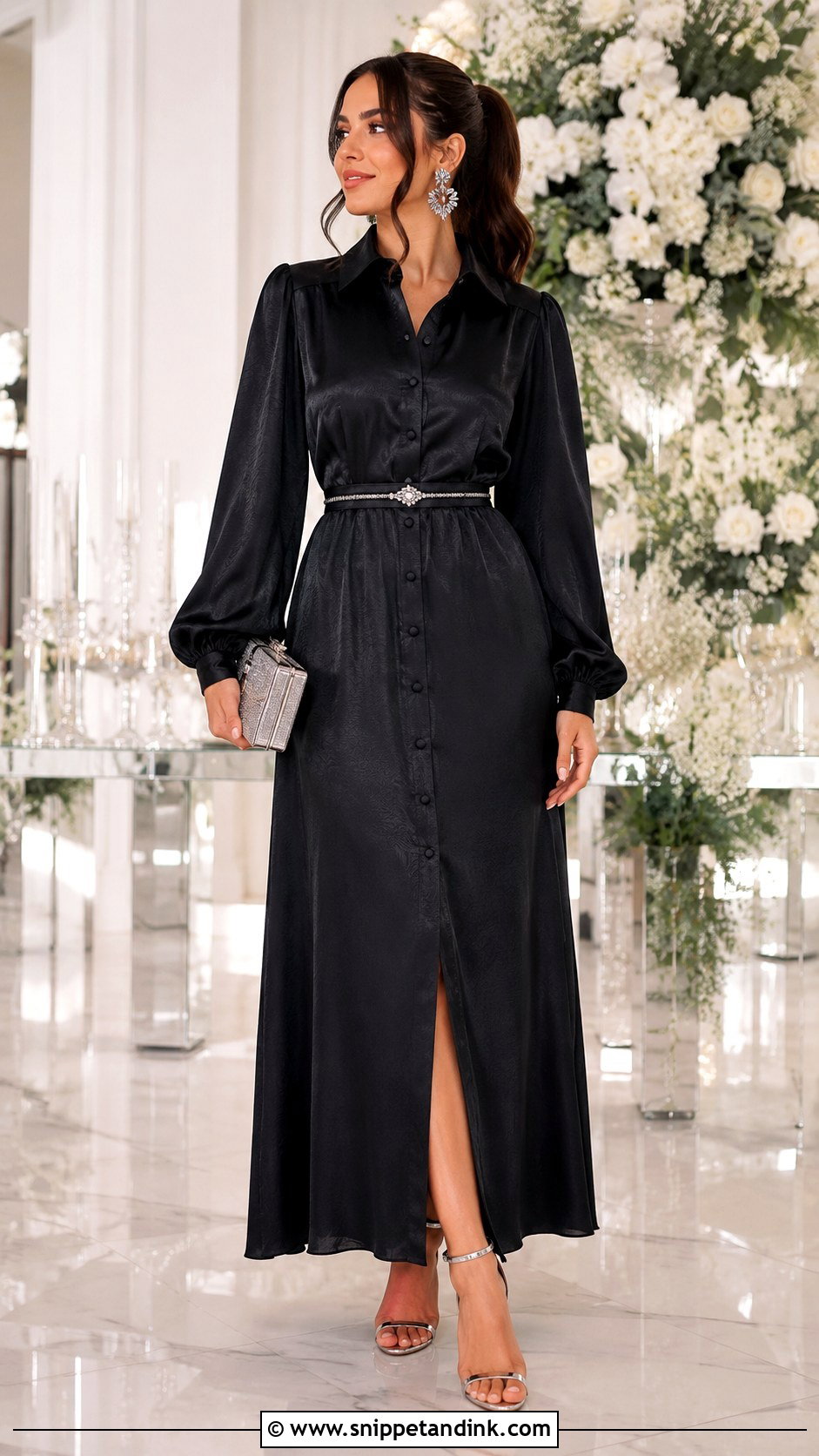 Black Belted Long Shirt Dress With Metallic Heels - Snippet and Ink - 20 Long Shirt Dress for Wedding Ideas