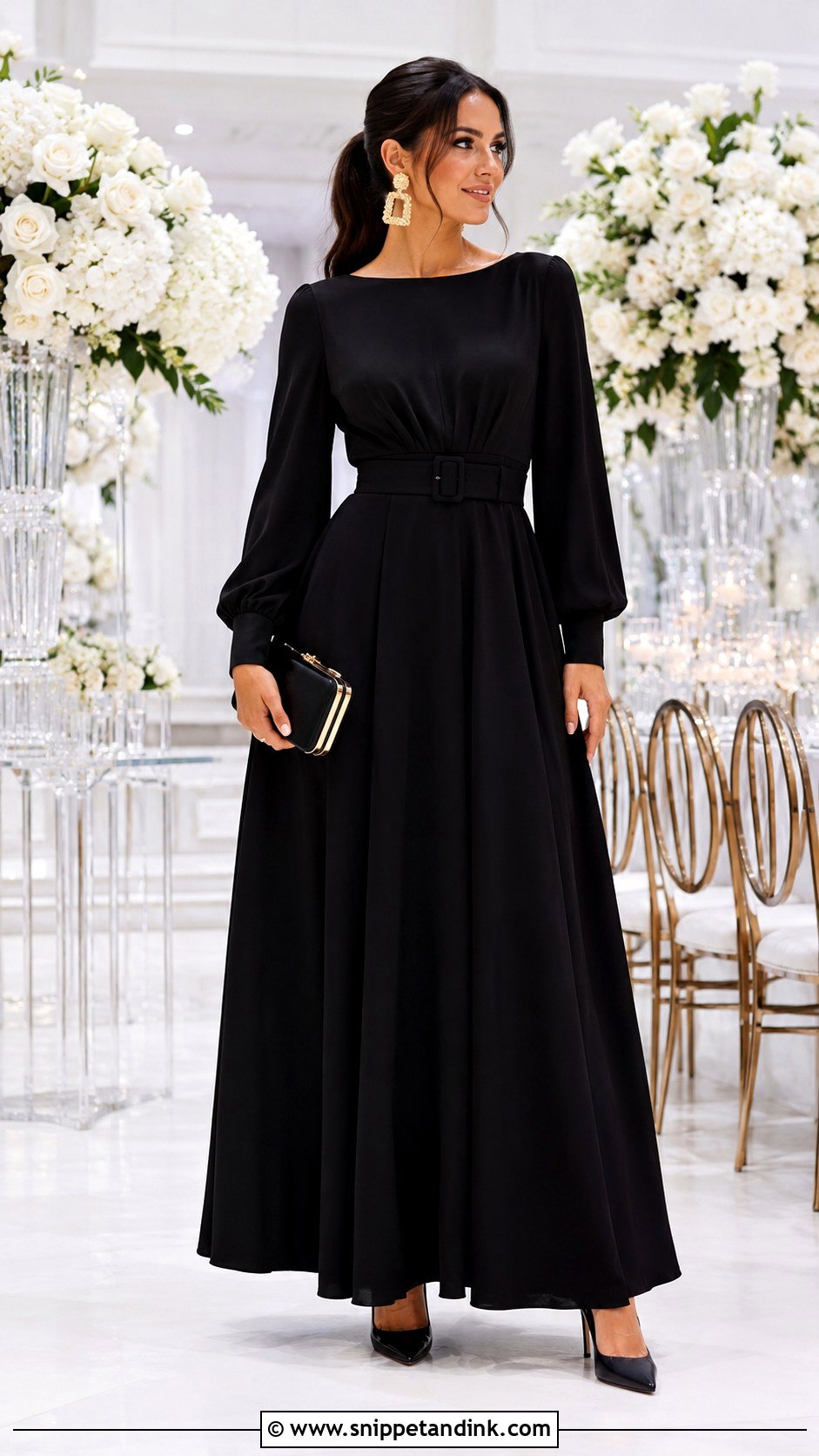 Black Belted Long Sleeve Gown - Snippet and Ink - 20 Elegant Long Sleeve Gown Ideas