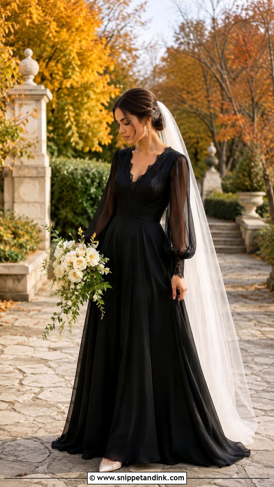Black Bishop Sleeve Boho Wedding Dress - Snippet and Ink - 20 Boho Black Wedding Dress Ideas