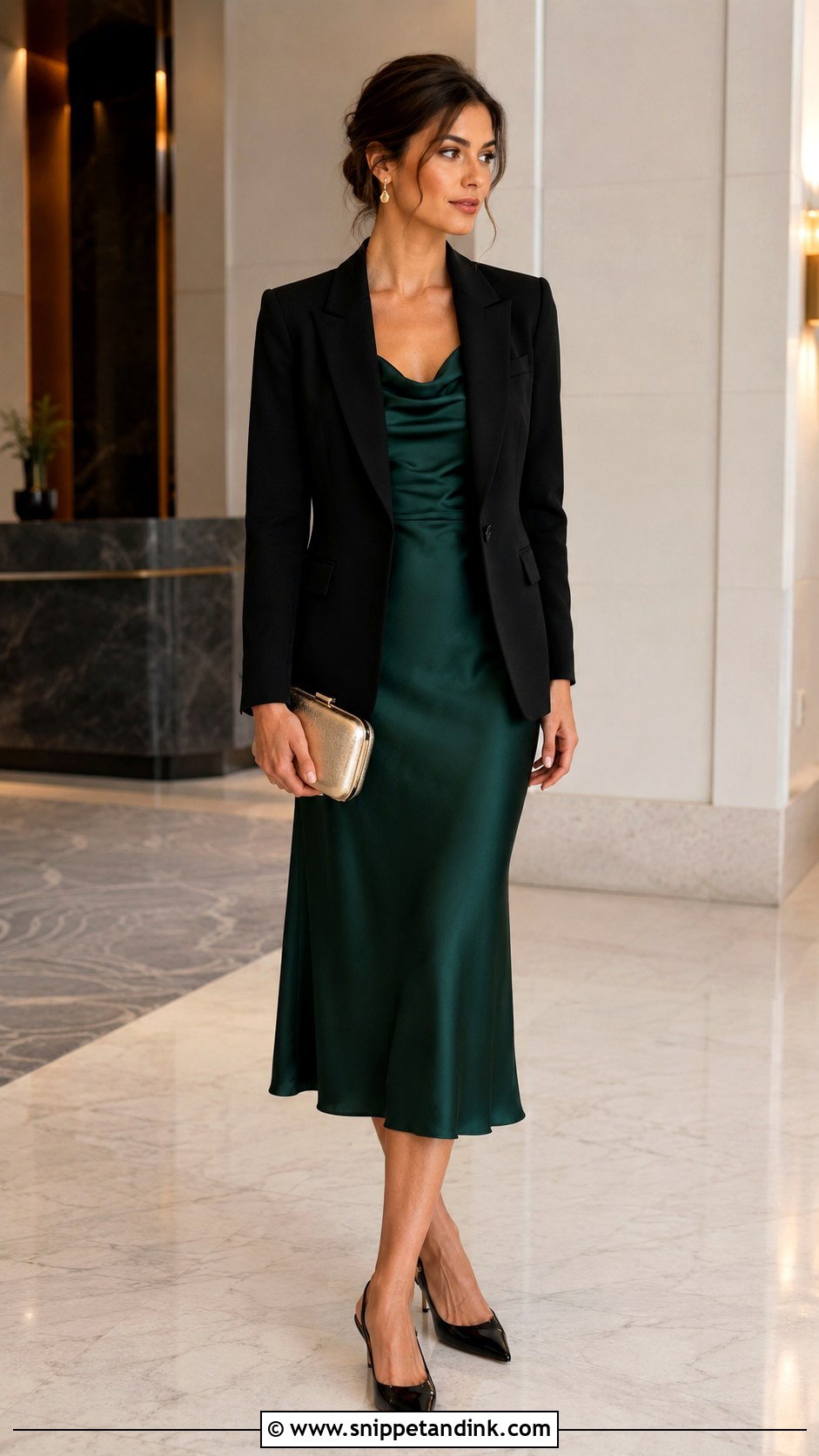 Black Blazer With Satin Midi Dress - Snippet and Ink - 20 Blazer Outfit for Wedding Ideas
