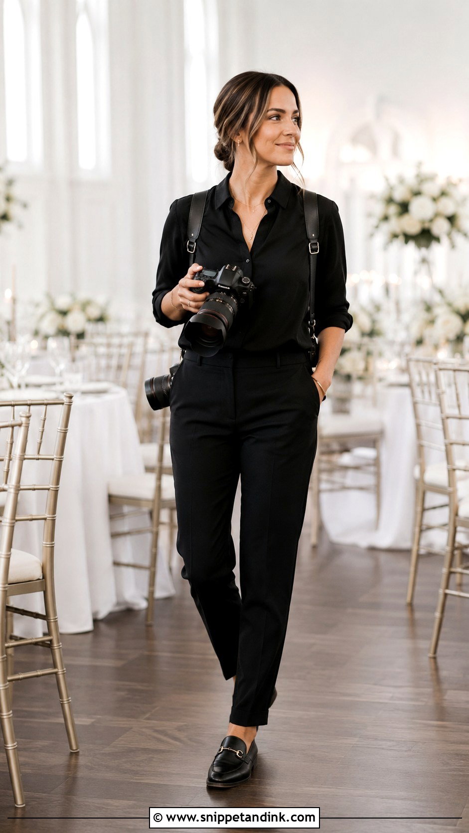 Black Blouse And Tapered Pants Wedding Photographer Outfit - Snippet and Ink - 30 Wedding Photographer Outfit Ideas