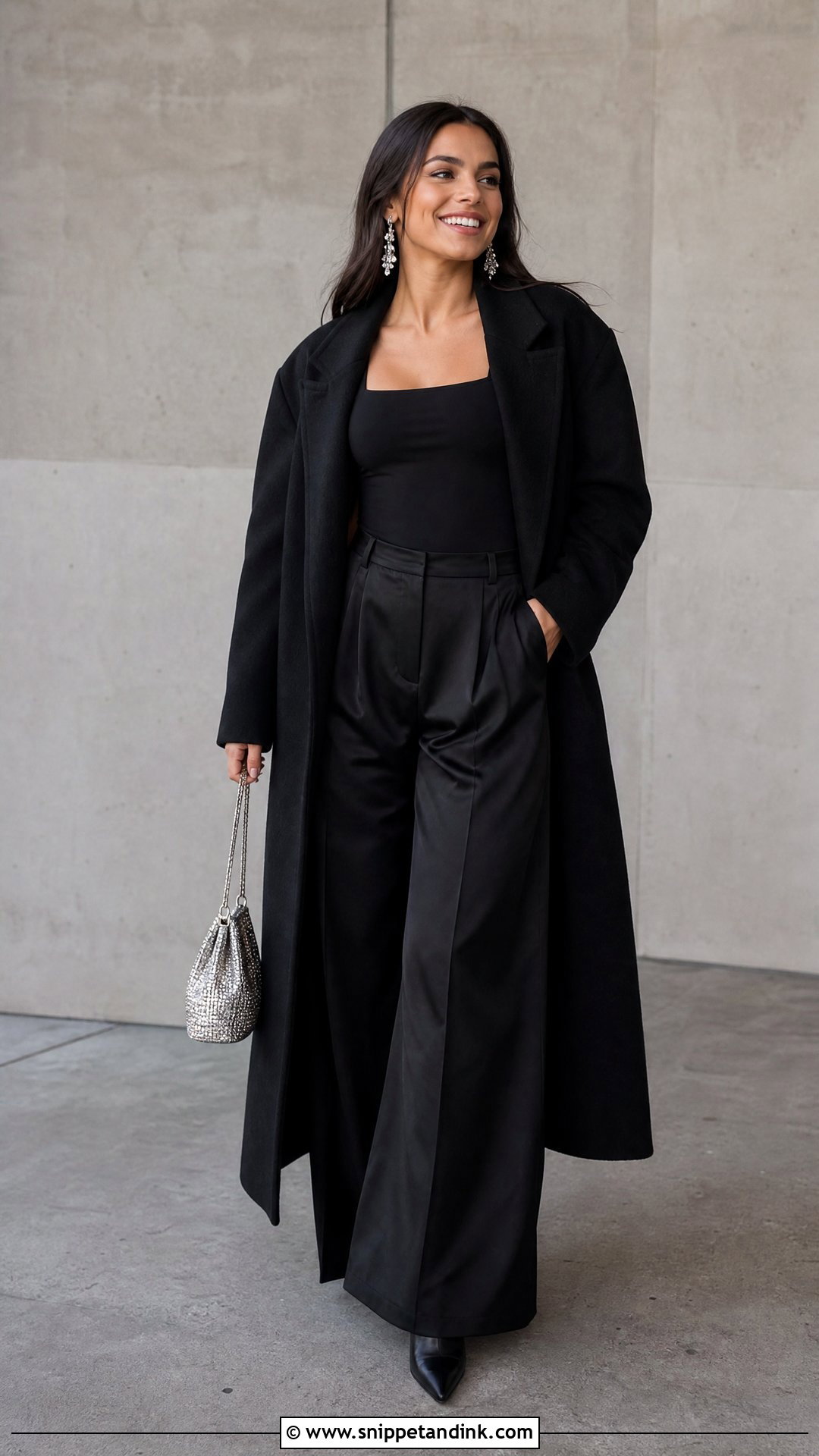 Black Bodysuit And Wide Leg Pants Winter Bachelorette Party Outfit - Snippet and Ink - 25 Winter Bachelorette Party Outfit Ideas