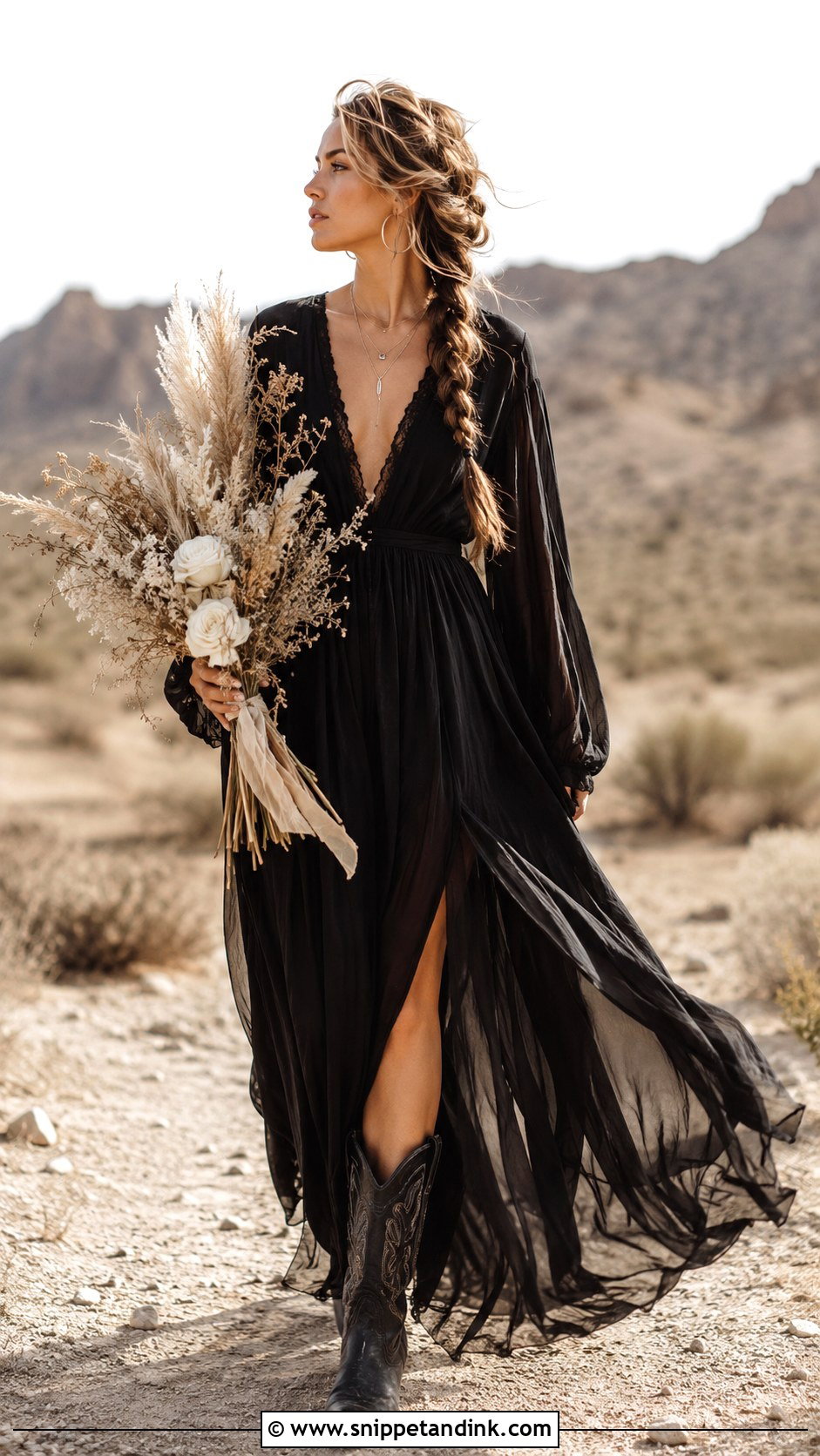 Black Boho Elopement Dress With Western Boots - Snippet and Ink - 20 Black Elopement Dress Ideas