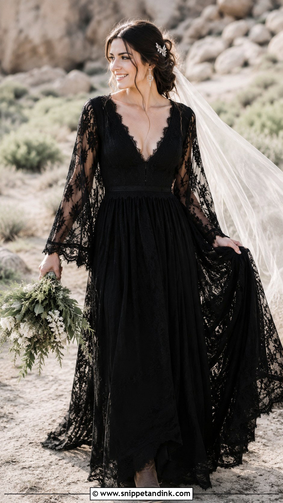 Black Boho Wedding Dress With Flared Sleeves - Snippet and Ink - 20 Black Wedding Dress with Sleeves