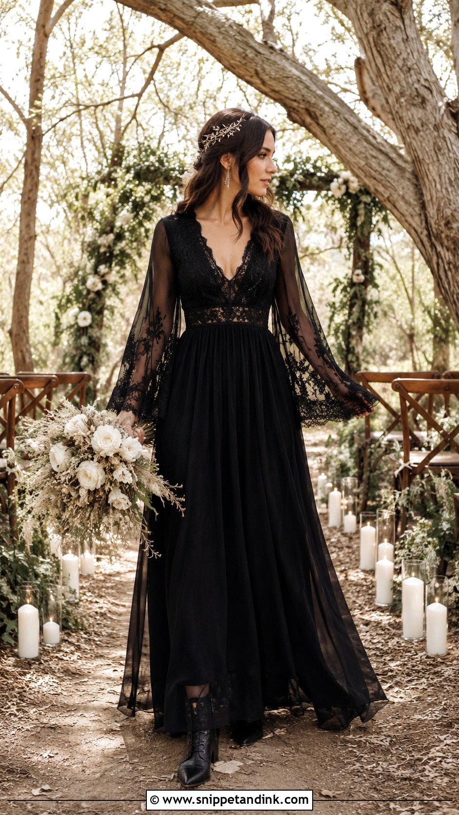 Black Boho Wedding Gown With Bell Sleeves - Snippet and Ink - 20 Black Wedding Gowns the Bride