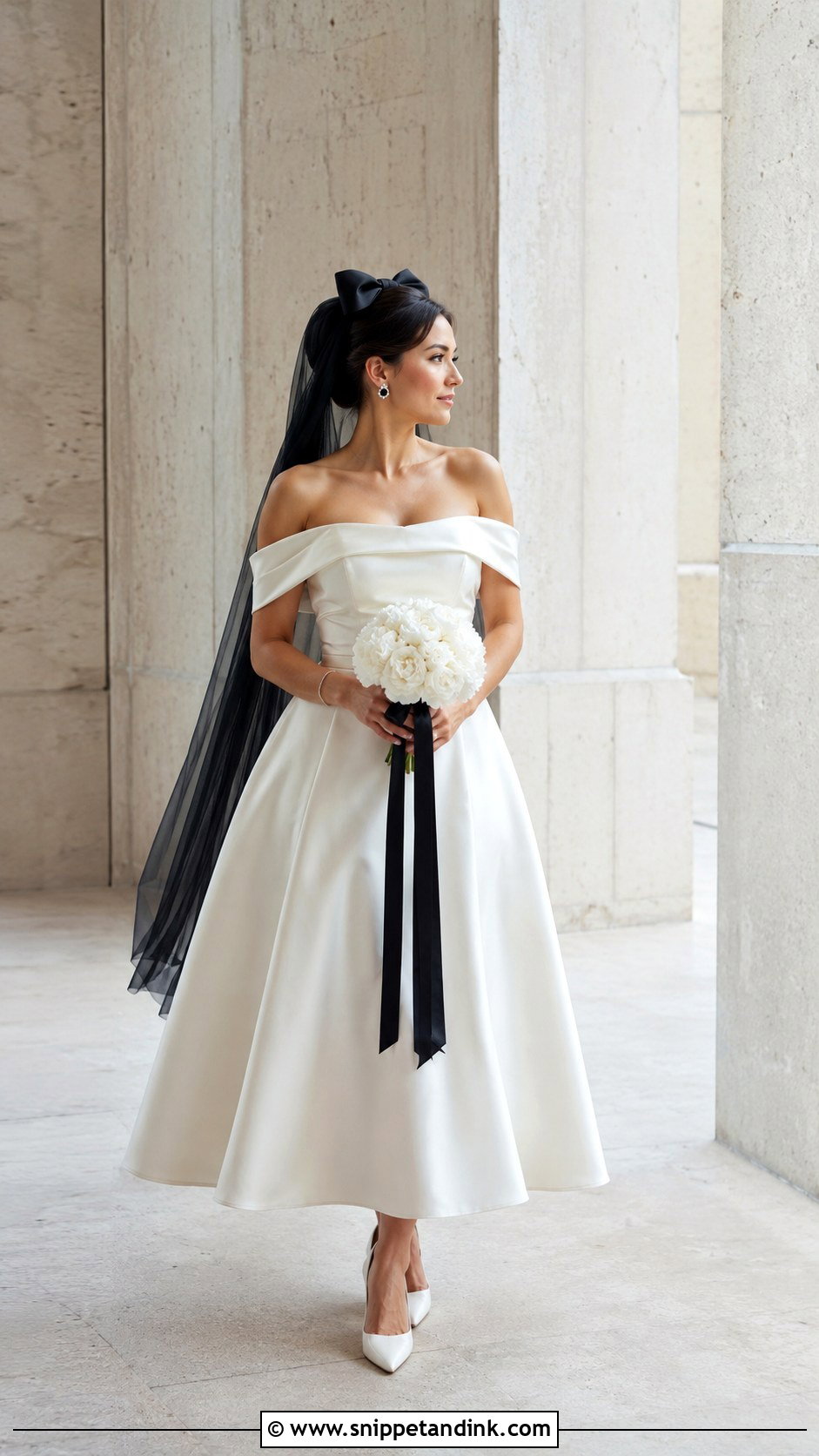 Black Bow Veil With Off Shoulder Wedding Dress - Snippet and Ink - 20 Black Vail Bride Ideas