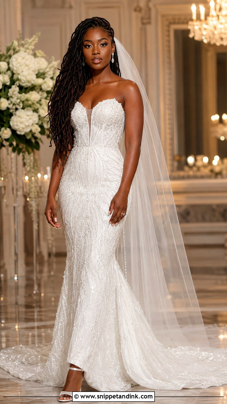 Black Bridal Beaded Gown With Long Locs - Snippet and Ink - 20 Black Bridal Ideas