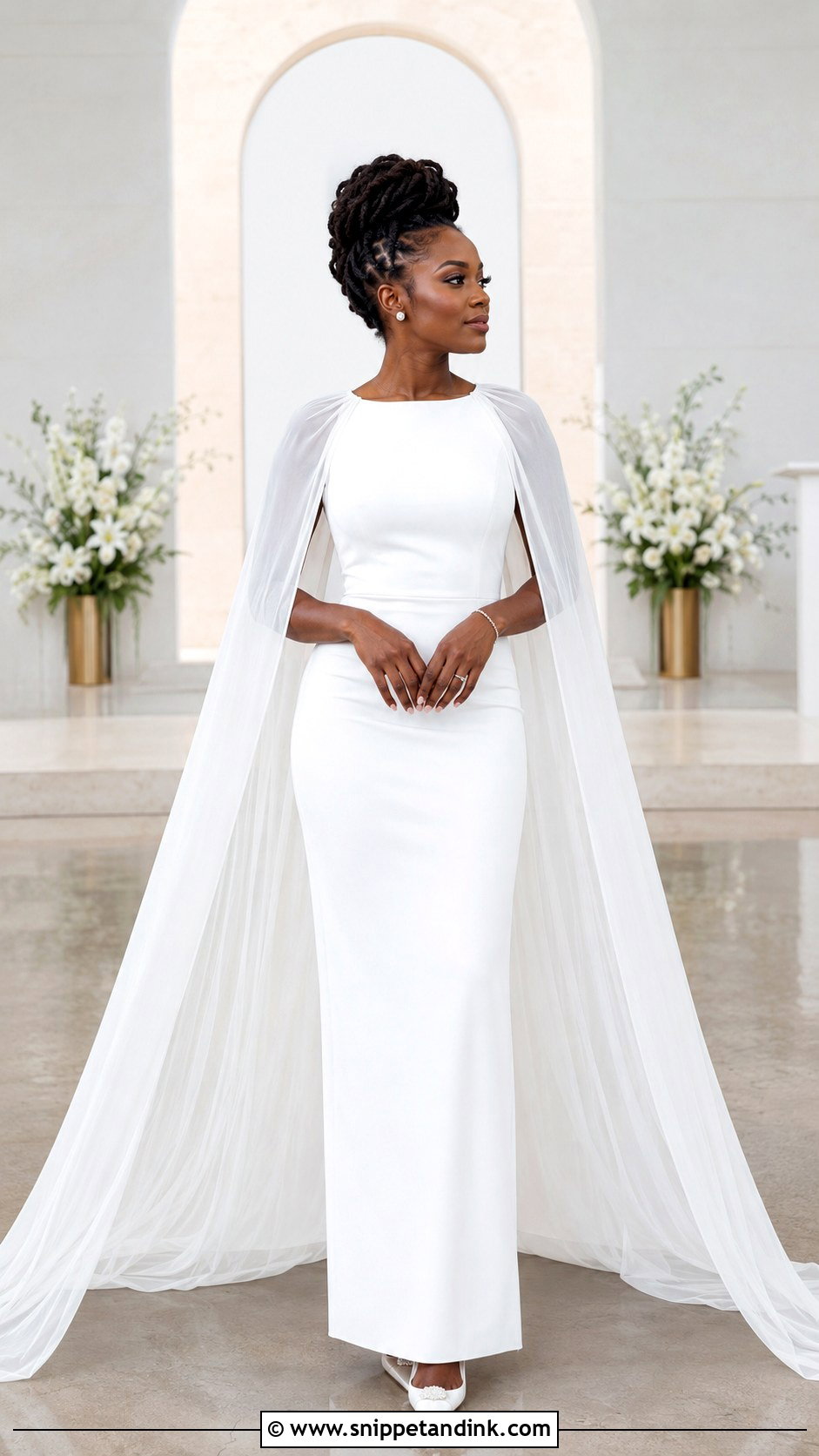Black Bridal Cape Dress With Twisted Updo - Snippet and Ink - 20 Black Bridal Ideas