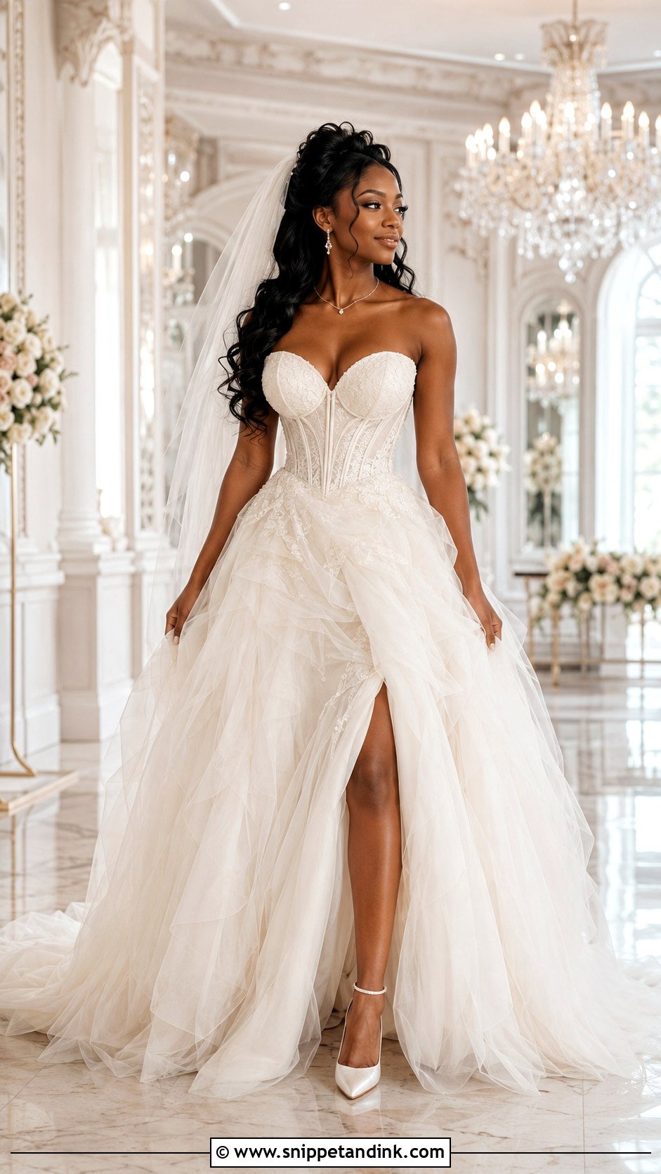 Black Bridal Corset Gown With Half Up Curls - Snippet and Ink - 20 Black Bridal Ideas