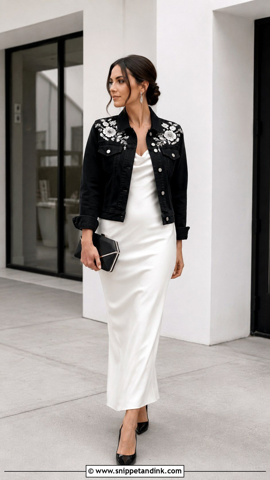 Black Bridal Denim Jacket With Column Dress - Snippet and Ink - 20 Bridal Denim Jacket Ideas