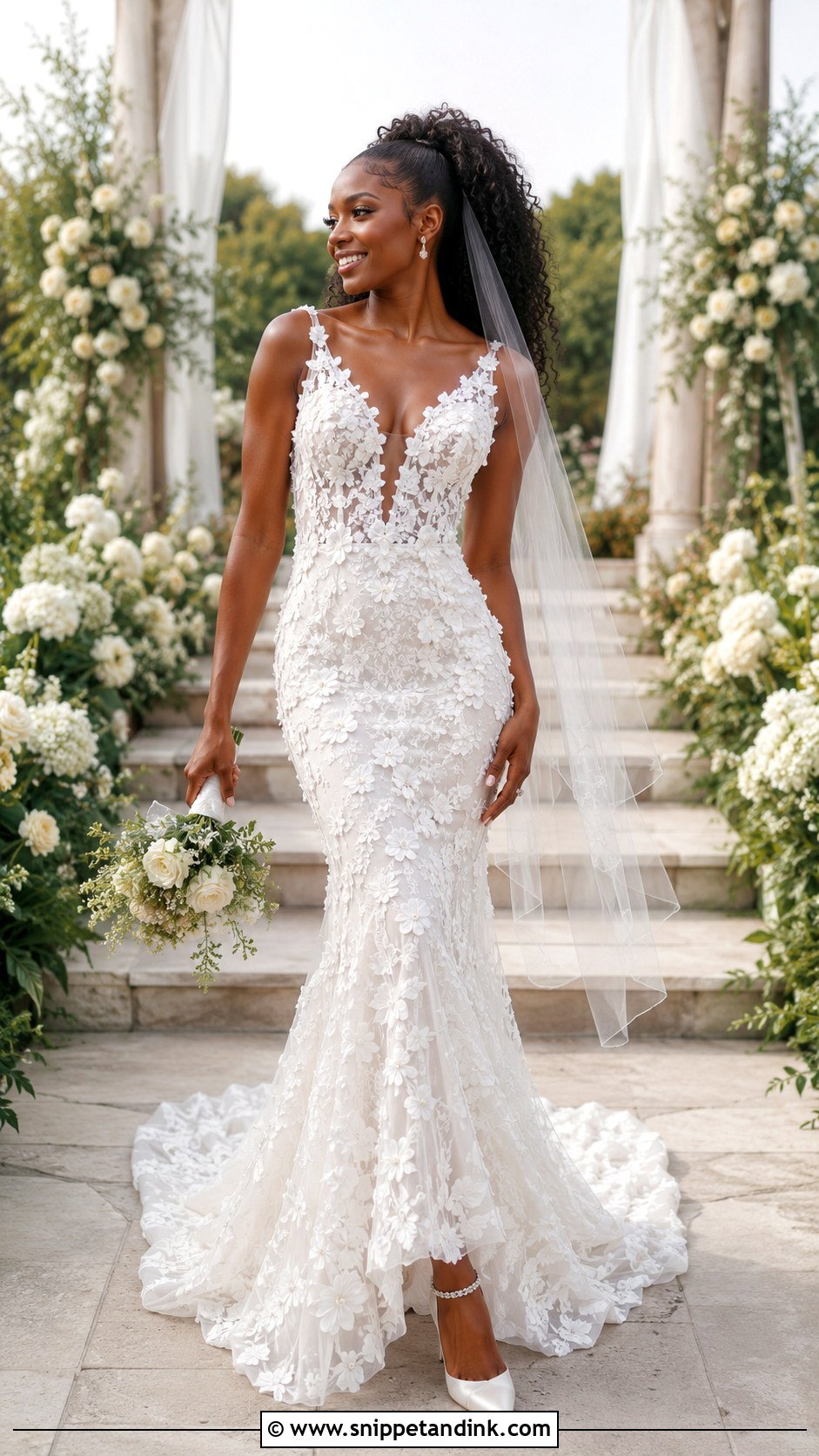 Black Bridal Floral Gown With Curly Ponytail - Snippet and Ink - 20 Black Bridal Ideas