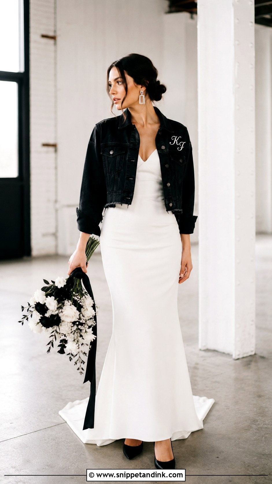 Black Bridal Jean Jacket With Modern Wedding Gown - Snippet and Ink - 20 Bridal Jean Jacket Ideas