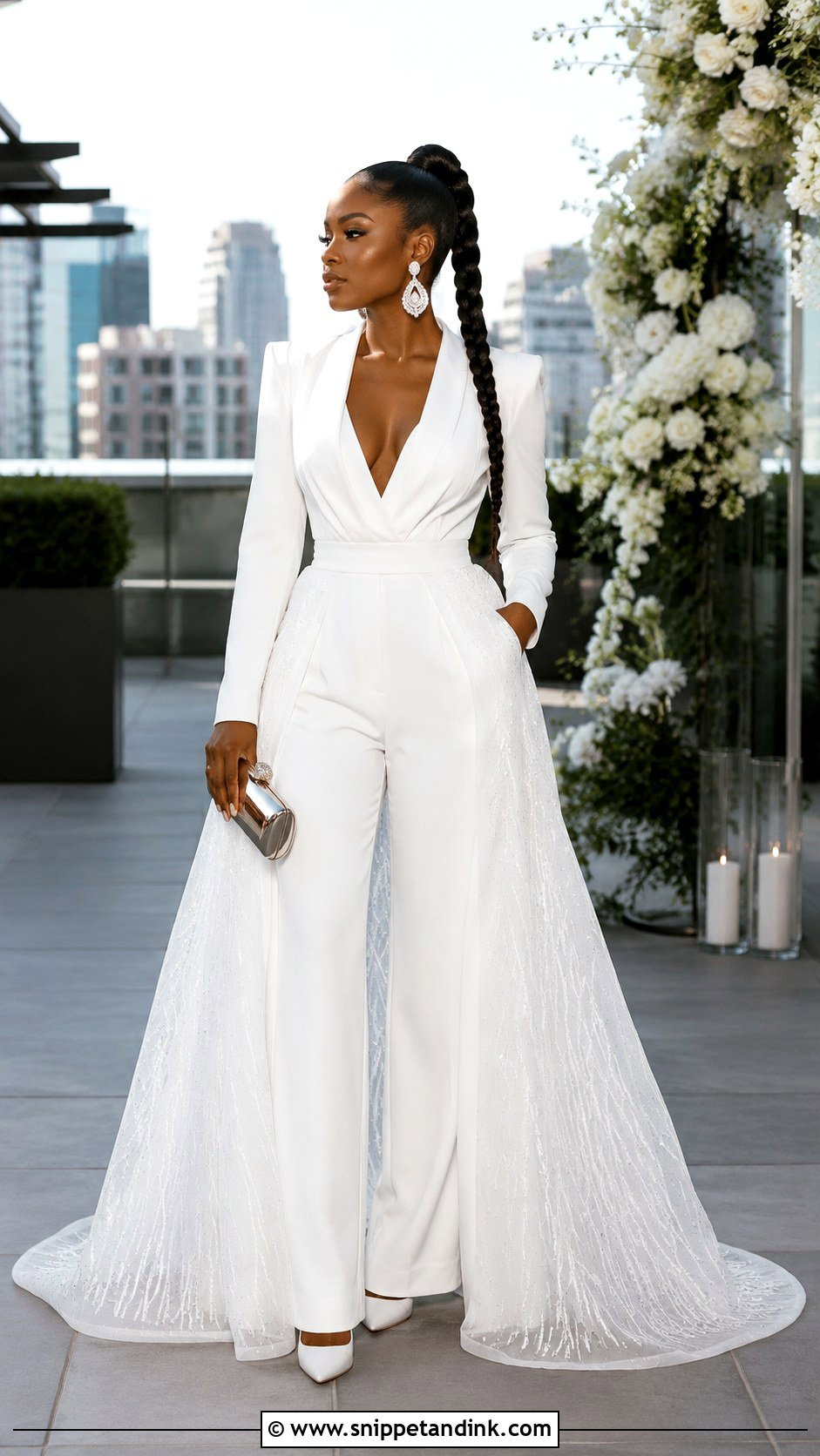 Black Bridal Jumpsuit With Braided Ponytail - Snippet and Ink - 20 Black Bridal Ideas