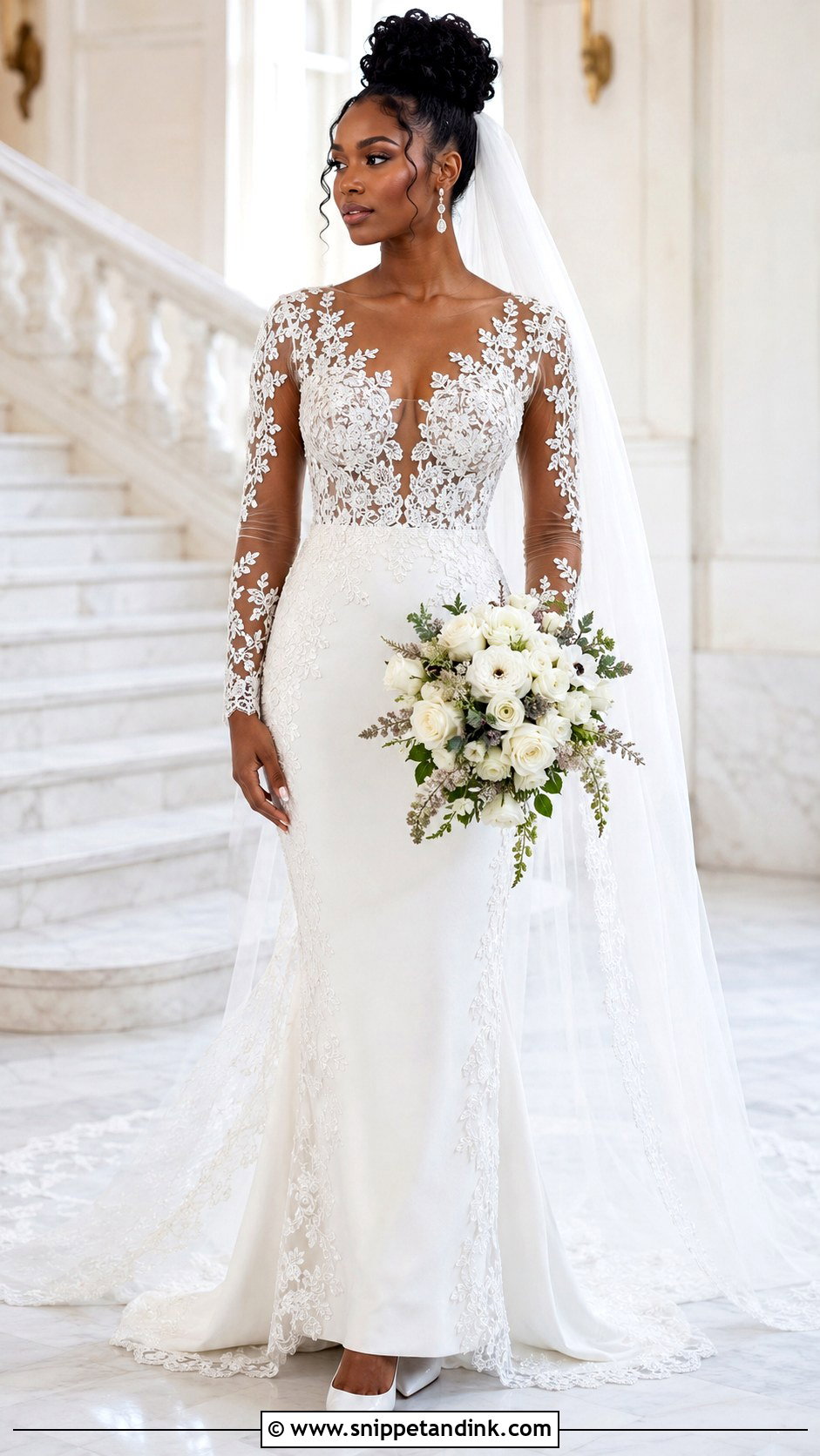 Black Bridal Long Sleeve Dress With High Bun - Snippet and Ink - 20 Black Bridal Ideas