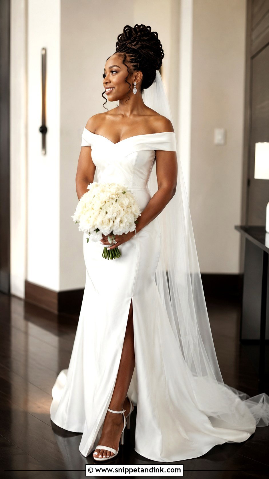 Black Bridal Off Shoulder Gown With Loc Updo - Snippet and Ink - 20 Black Bridal Ideas