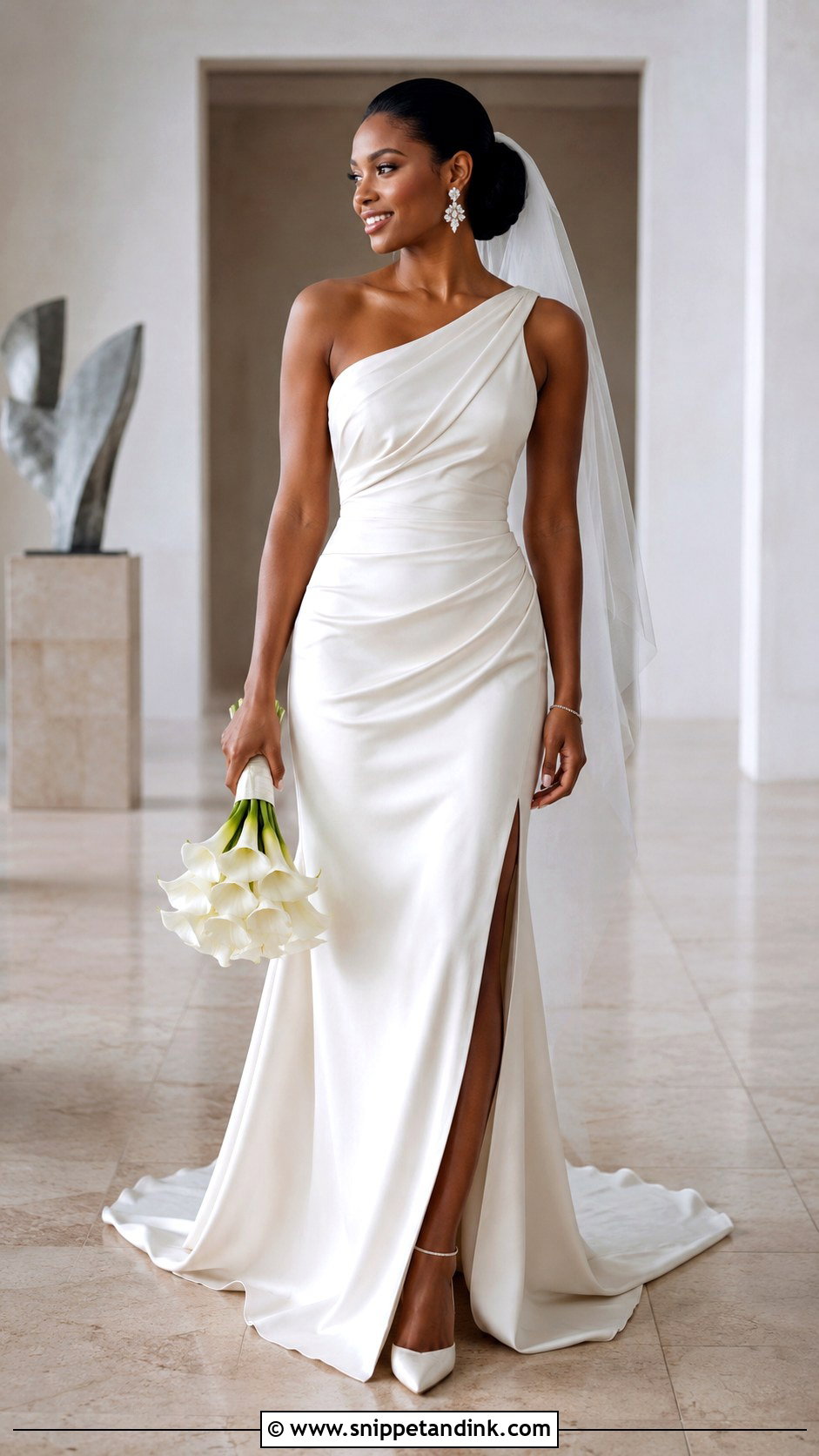 Black Bridal One Shoulder Dress With Side Bun - Snippet and Ink - 20 Black Bridal Ideas