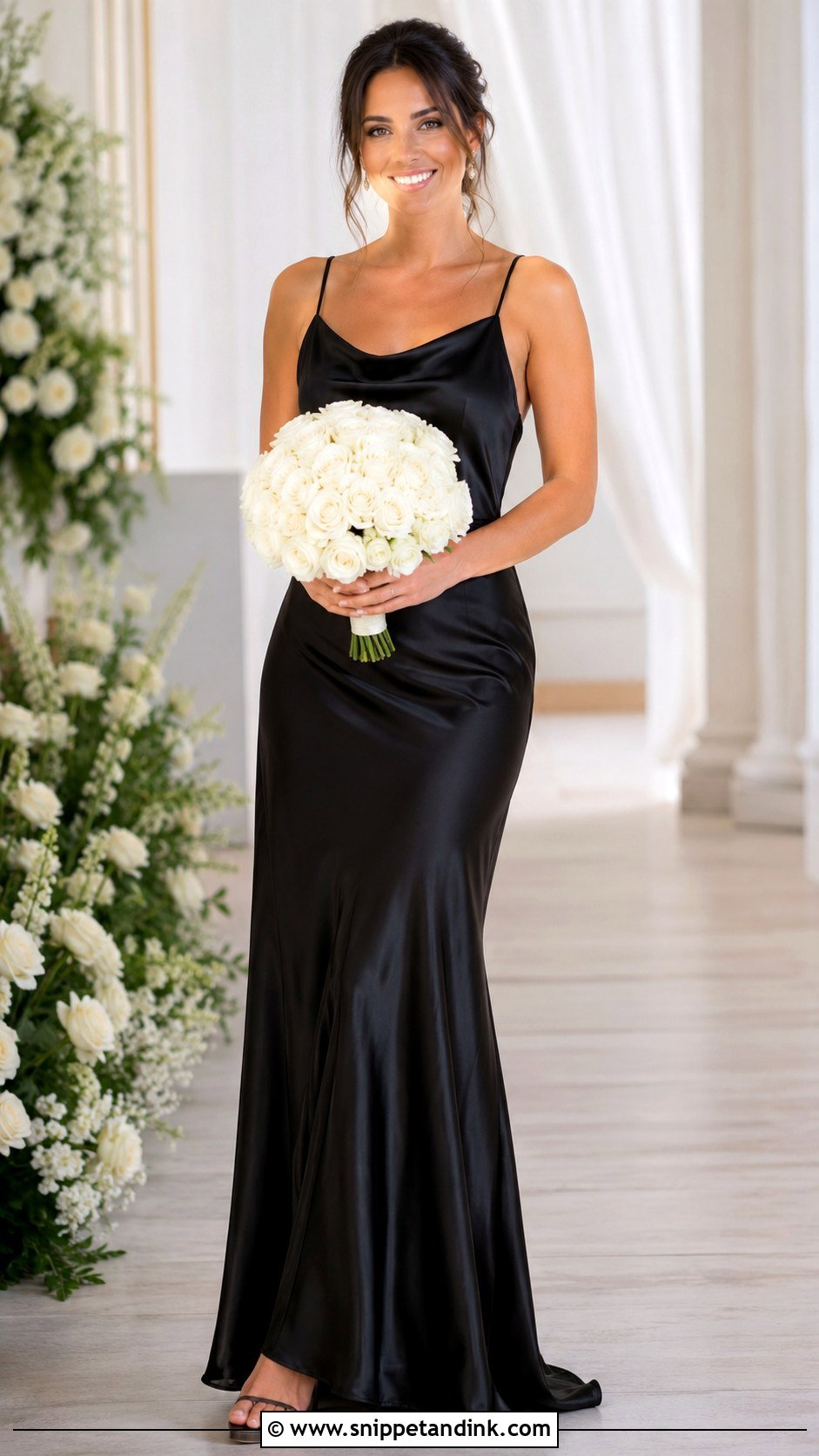 Black Bridal Party Outfit With White Bouquet - Snippet and Ink - 25 Black Bridal Party Attire Ideas