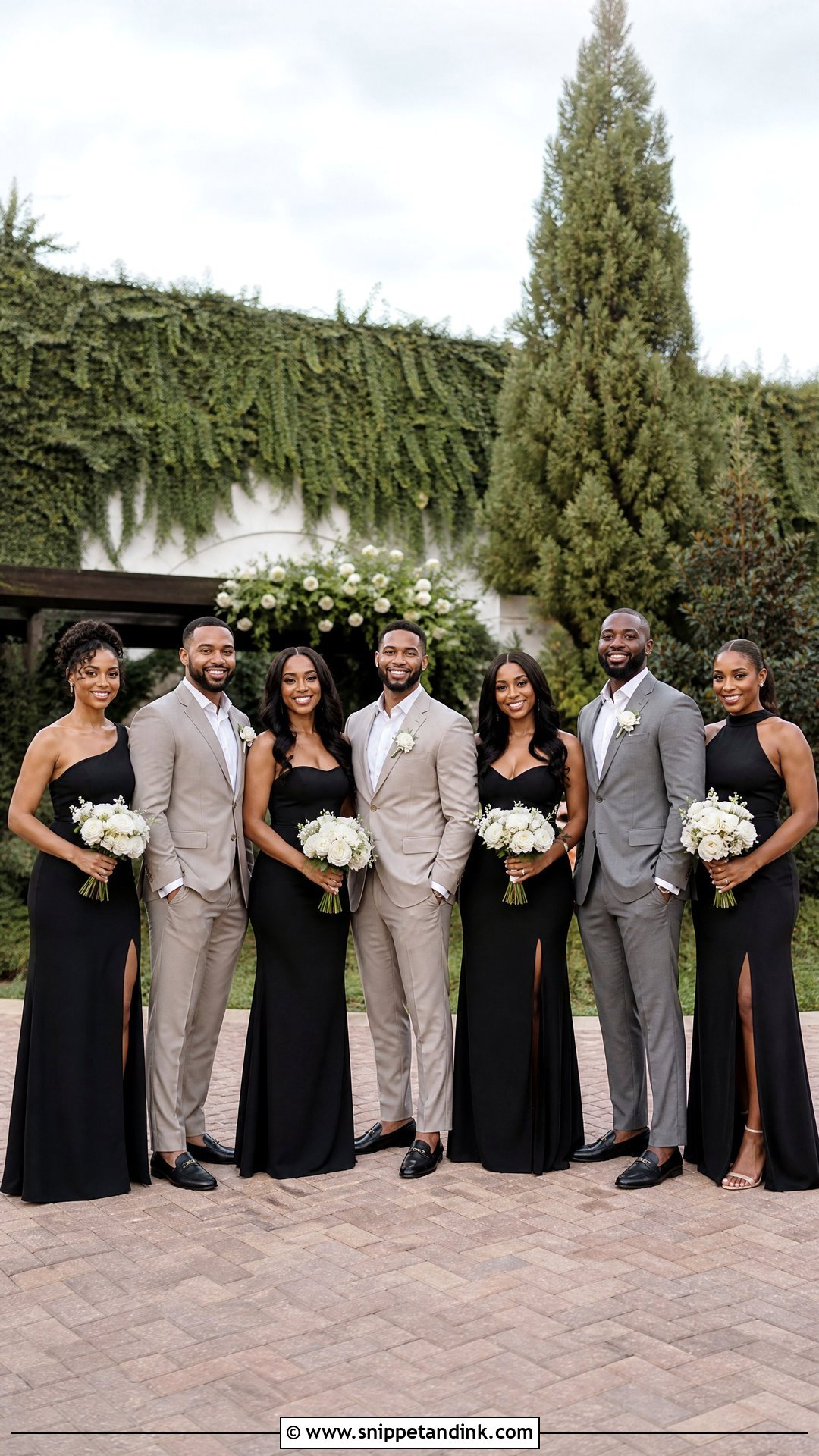 Black Bridal Party With Neutral Suits Outfit - Snippet and Ink - 25 Black Bridal Party Ideas