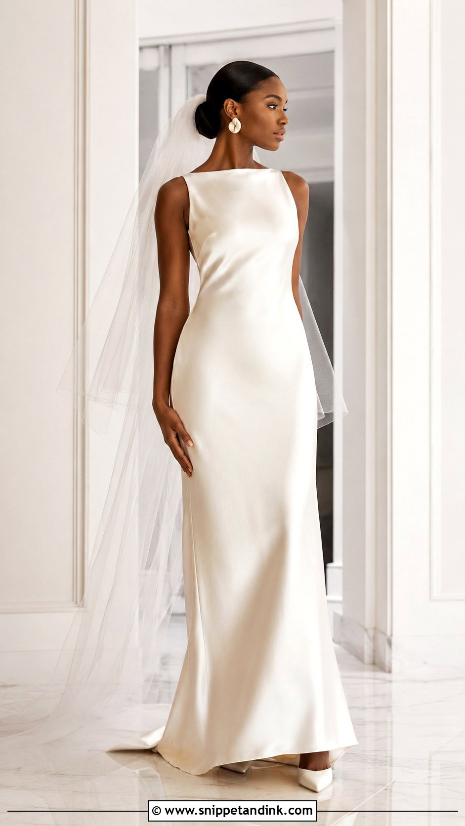 Black Bridal Satin Dress With Sleek Low Bun - Snippet and Ink - 20 Black Bridal Ideas