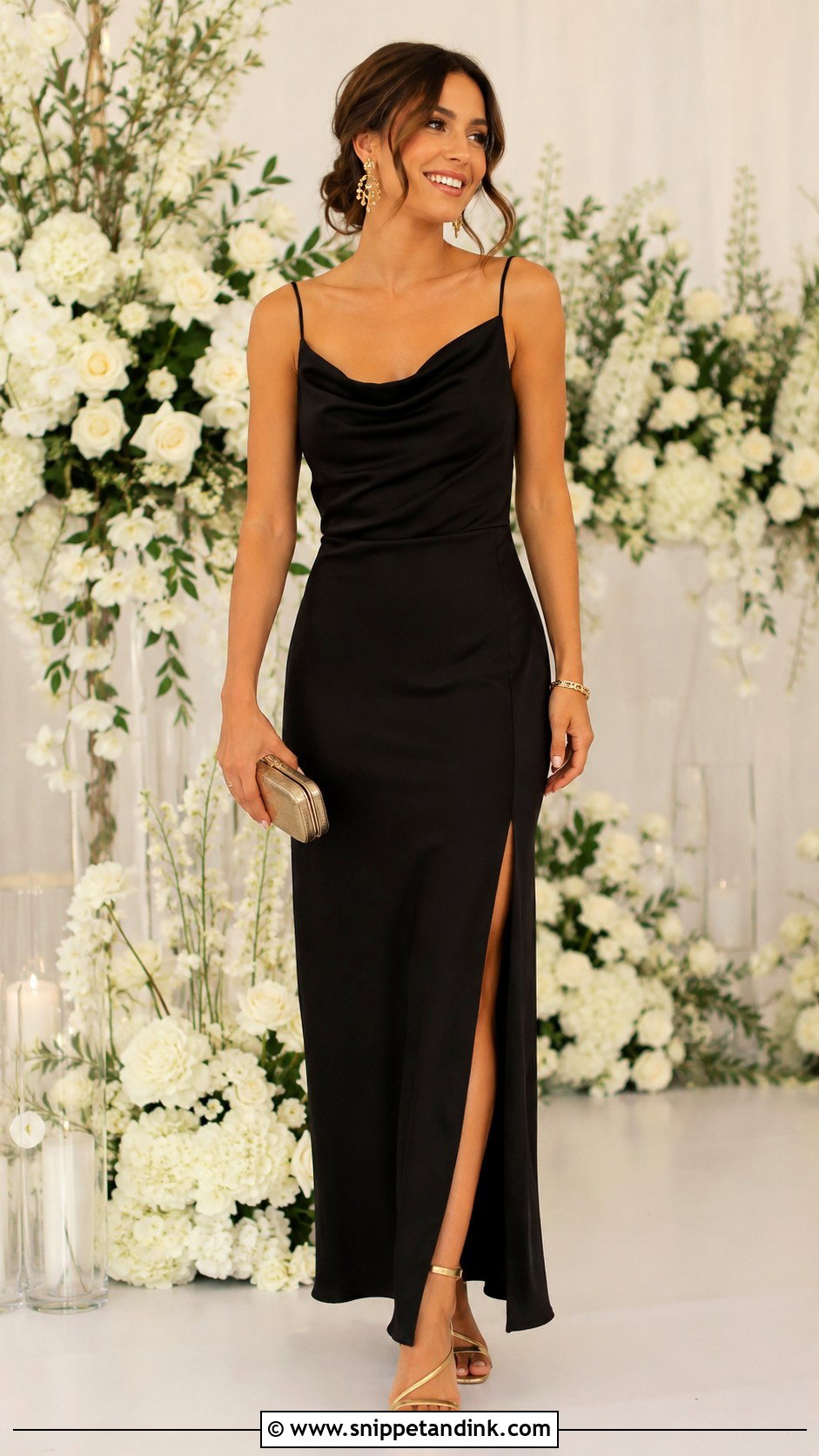 Black Bridesmaid Dress With Gold Accessories Outfit - Snippet and Ink - 25 Black Bridal Party Attire Ideas