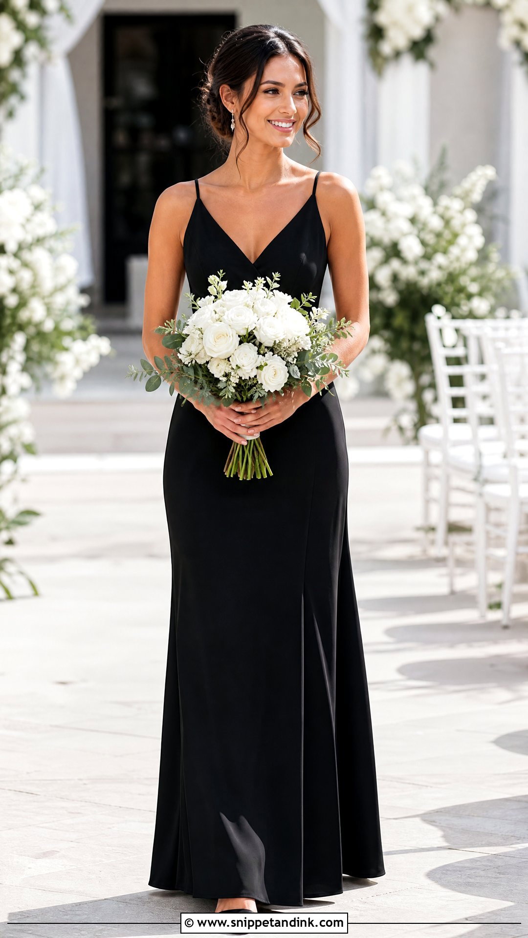 Black Bridesmaid Dress With White Bouquet Outfit - Snippet and Ink - 25 Black Bridal Party Ideas