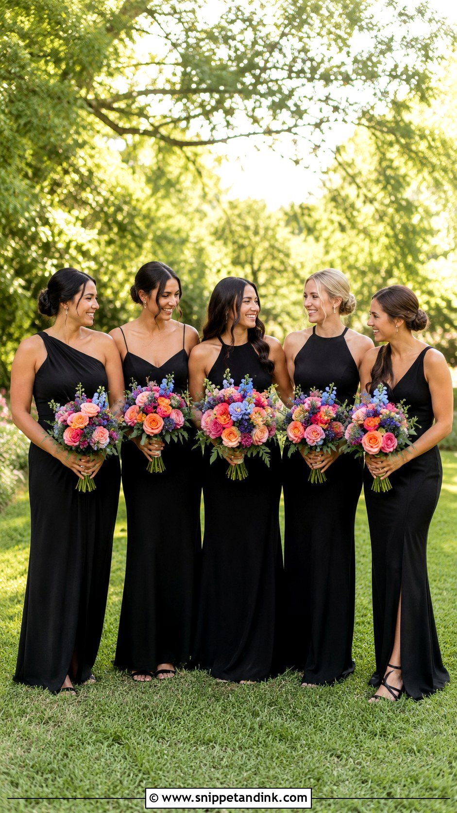 Black Bridesmaid Dresses With Colorful Bouquets - Snippet and Ink - 20 Bridal Party in Black Ideas