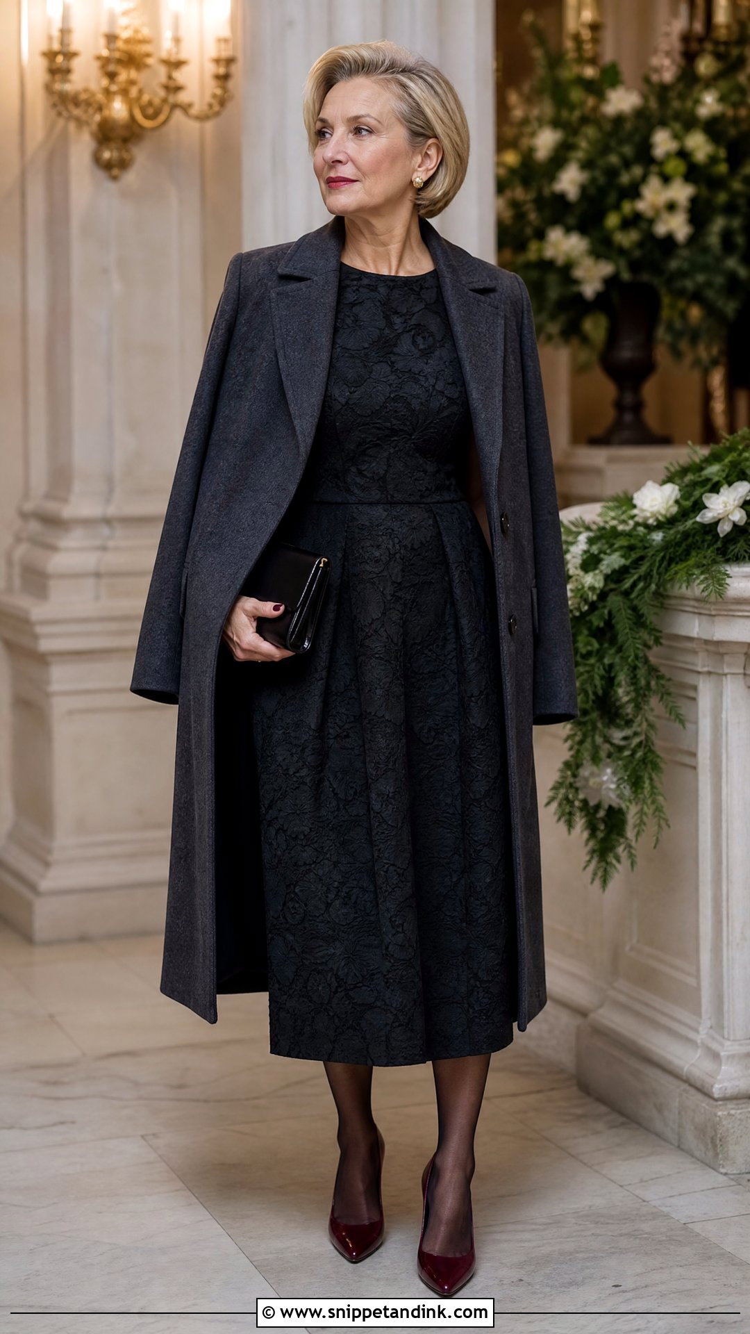 Black Brocade Fit And Flare Dress Winter Wedding Outfit - Snippet and Ink - 20 Semi Formal Winter Wedding Attire Ideas