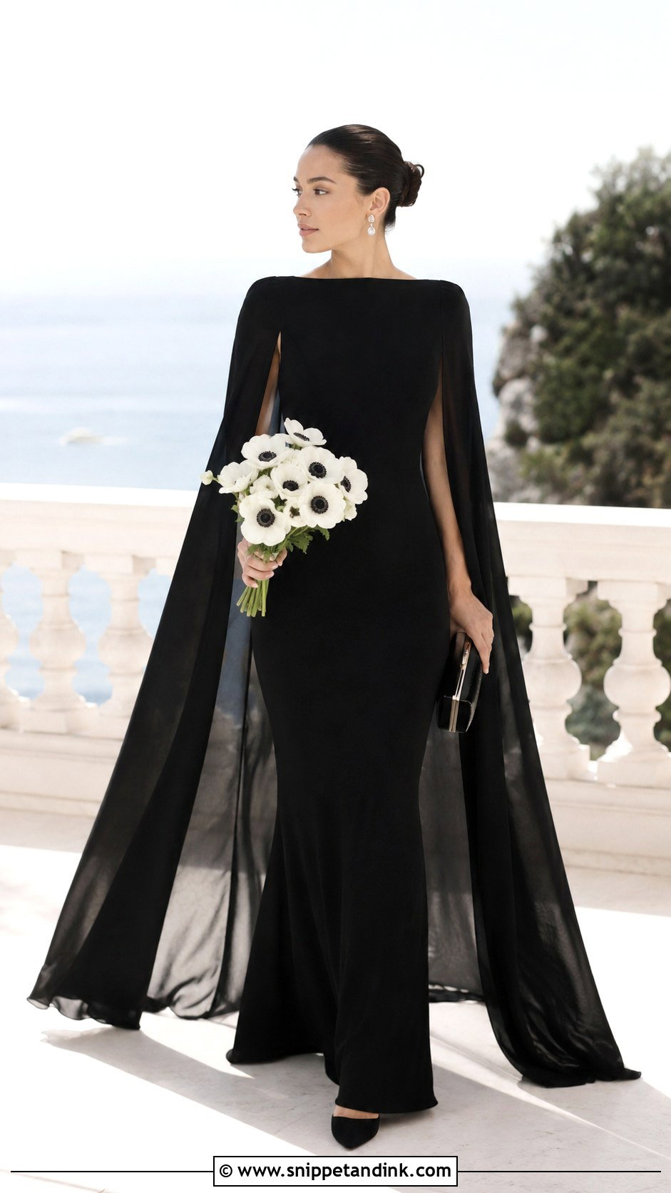 Black Cape Elopement Dress With Pointed Heels - Snippet and Ink - 20 Black Elopement Dress Ideas