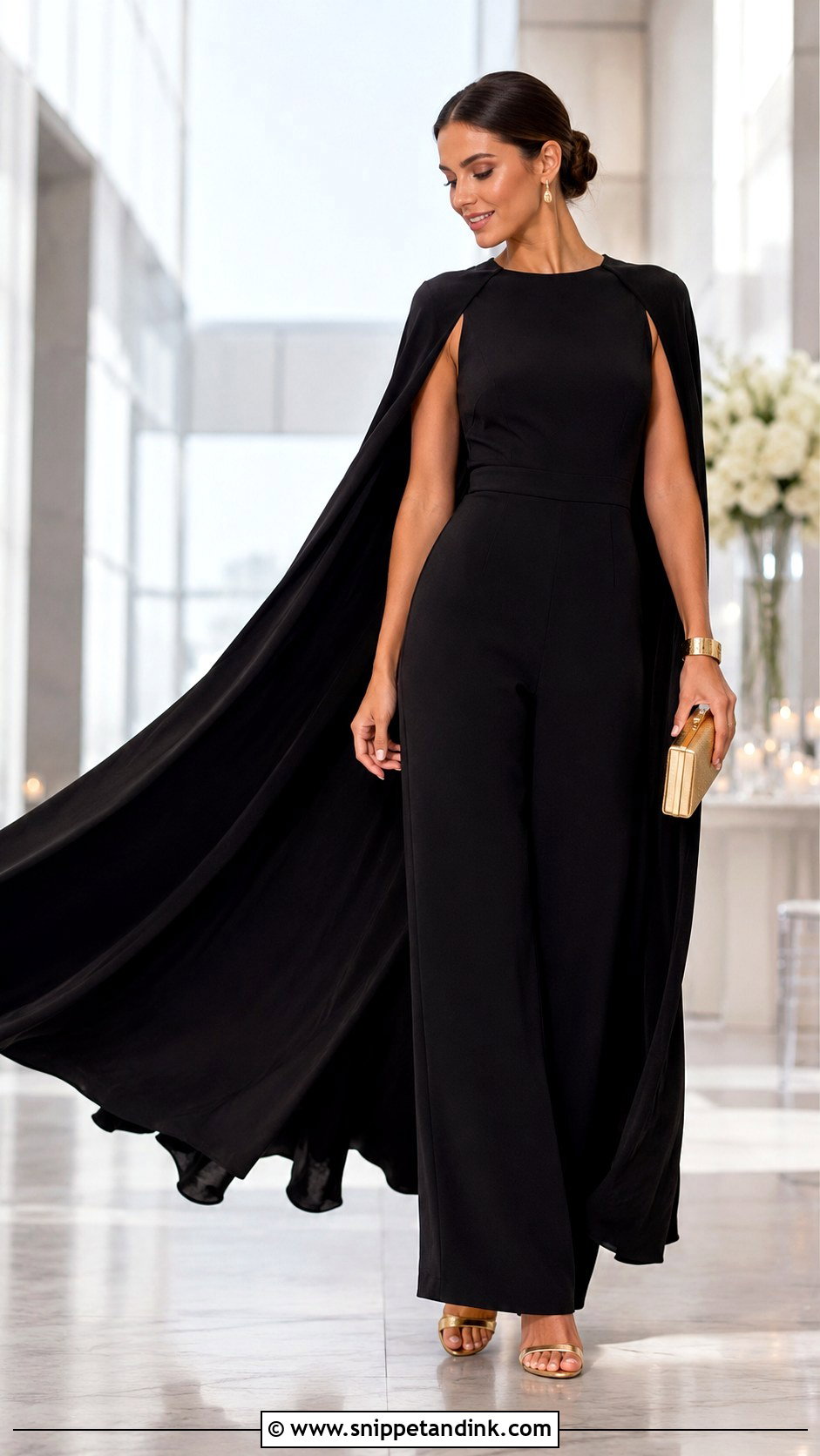 Black Cape Jumpsuit With Metallic Sandals - Snippet and Ink - 20 Black Jumpsuit Wedding Ideas