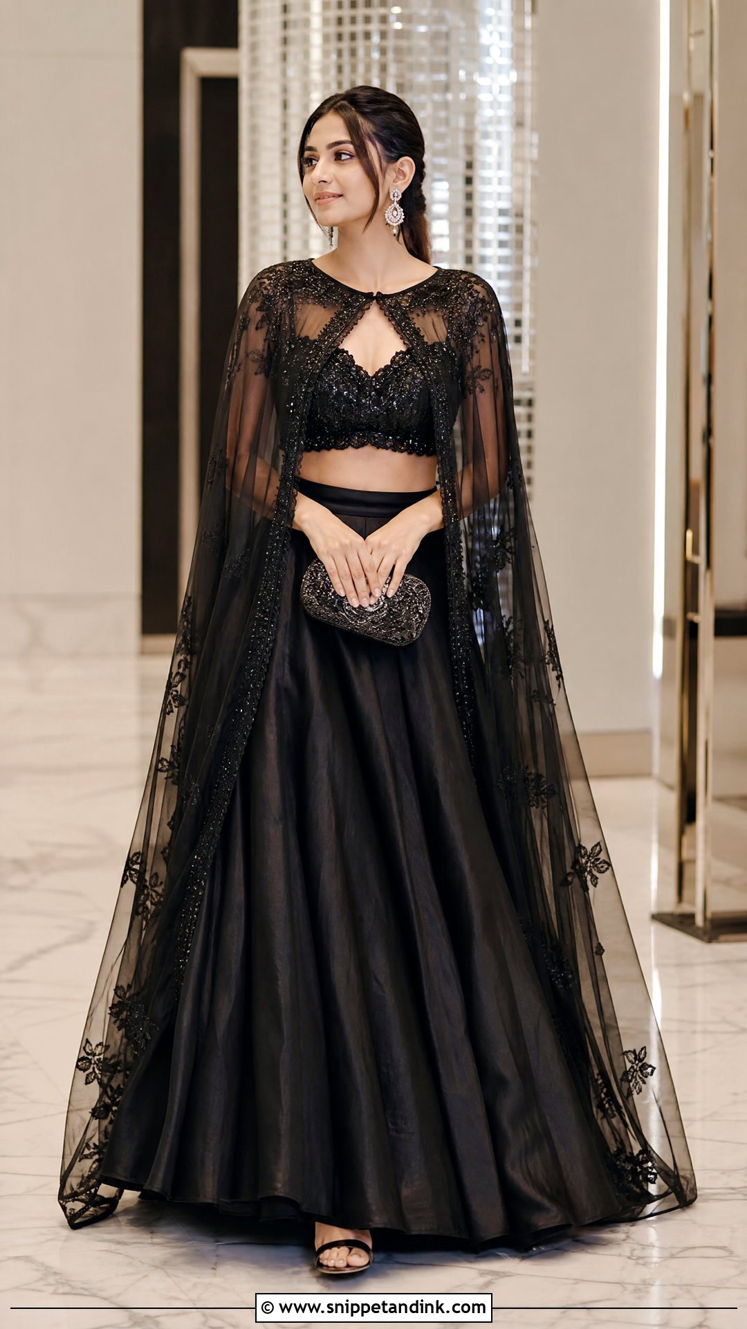 Black Cape Lehenga For Sangeet - Snippet and Ink - 25 Black Sangeet Outfit Ideas