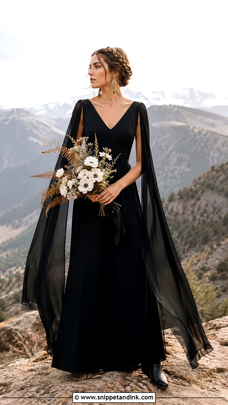 Black Cape Sleeve Boho Wedding Dress - Snippet and Ink - 20 Boho Black Wedding Dress Ideas