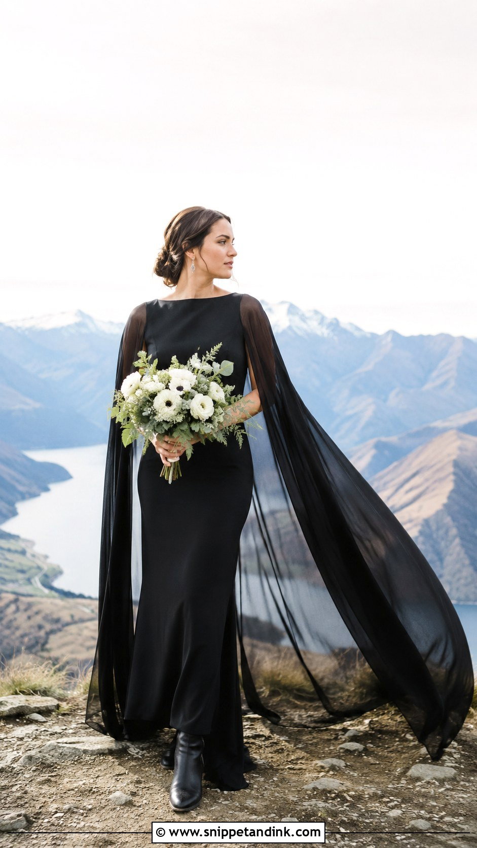 Black Cape Wedding Dress in a Mountain Landscape - Snippet and Ink - 20 Black Wedding Dress Photoshoot Ideas