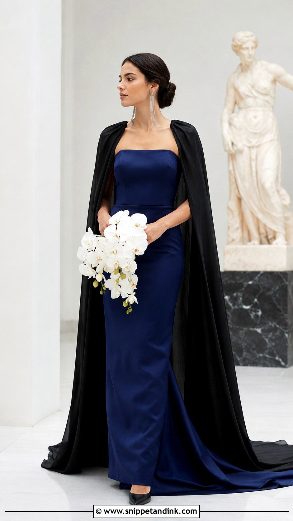 Black Cape and Blue Column Wedding Dress - Snippet and Ink - 20 Black and Blue Wedding Dress Ideas