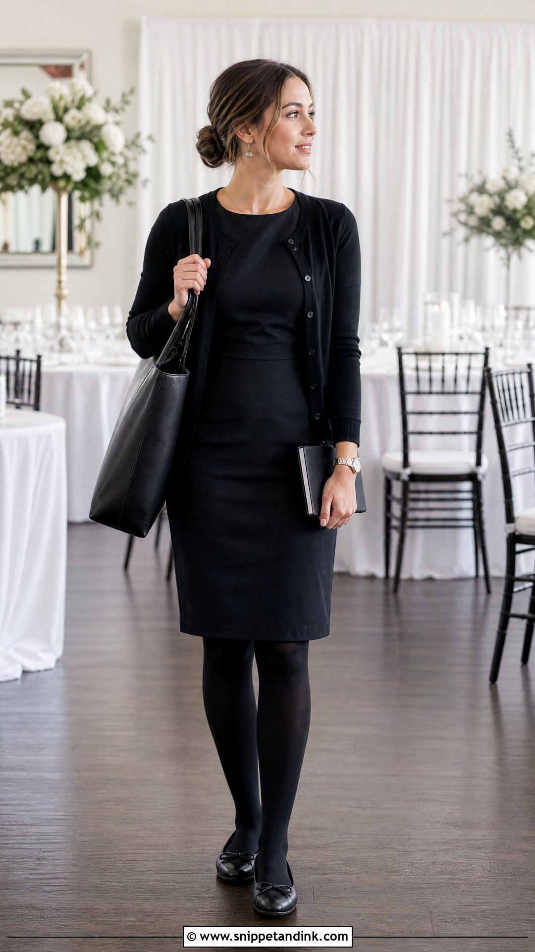 Black Cardigan And Sheath Dress Wedding Coordinator Outfit - Snippet and Ink - 25 Wedding Coordinator Outfit Ideas