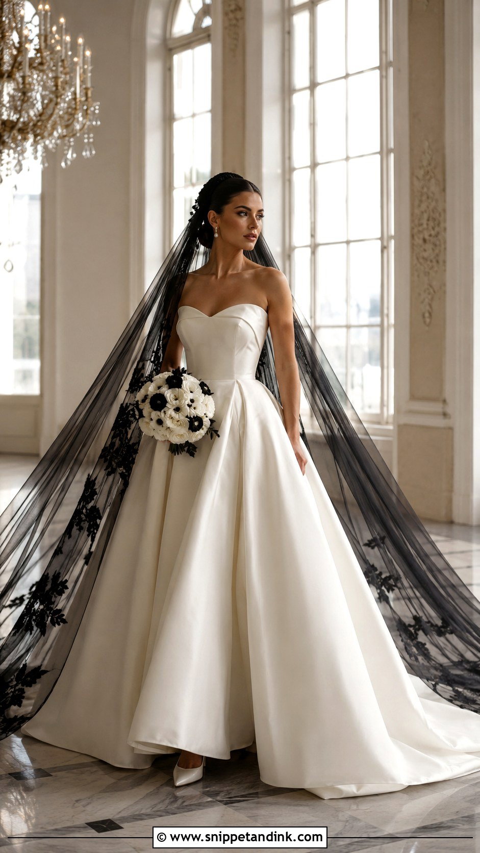 Black Cathedral Veil With Satin Ball Gown - Snippet and Ink - 20 Black Vail Bride Ideas