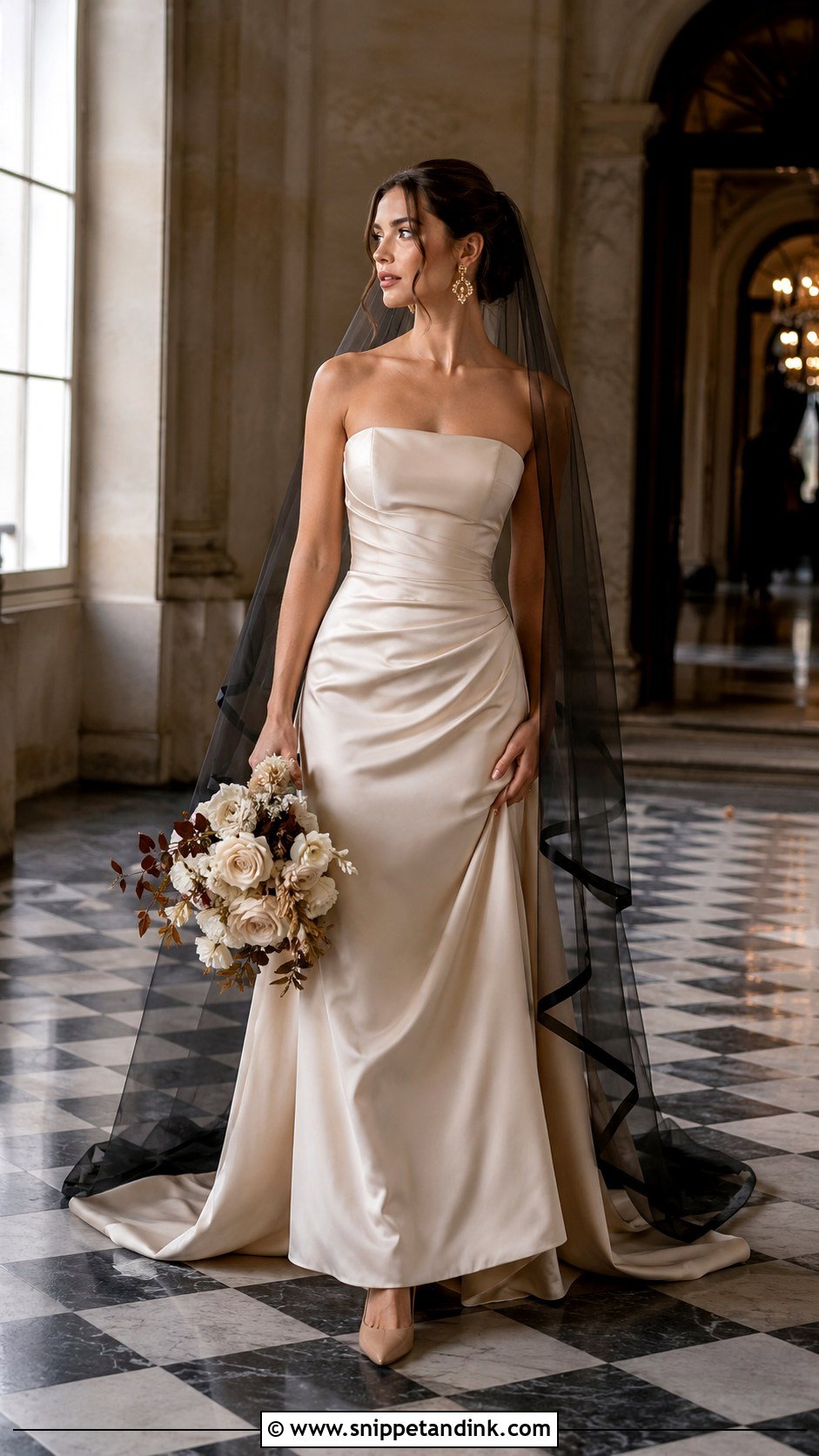 Black Chapel Veil With Champagne Wedding Dress - Snippet and Ink - 20 Black Vail Bride Ideas