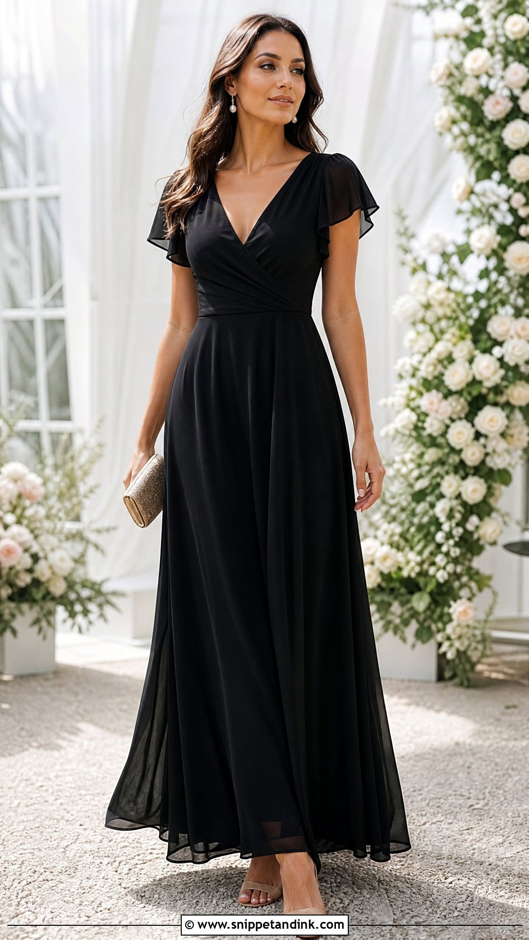 Black Chiffon A Line Wedding Party Dress With Nude Sandals - Snippet and Ink - 20 Wedding Party Black Dresses