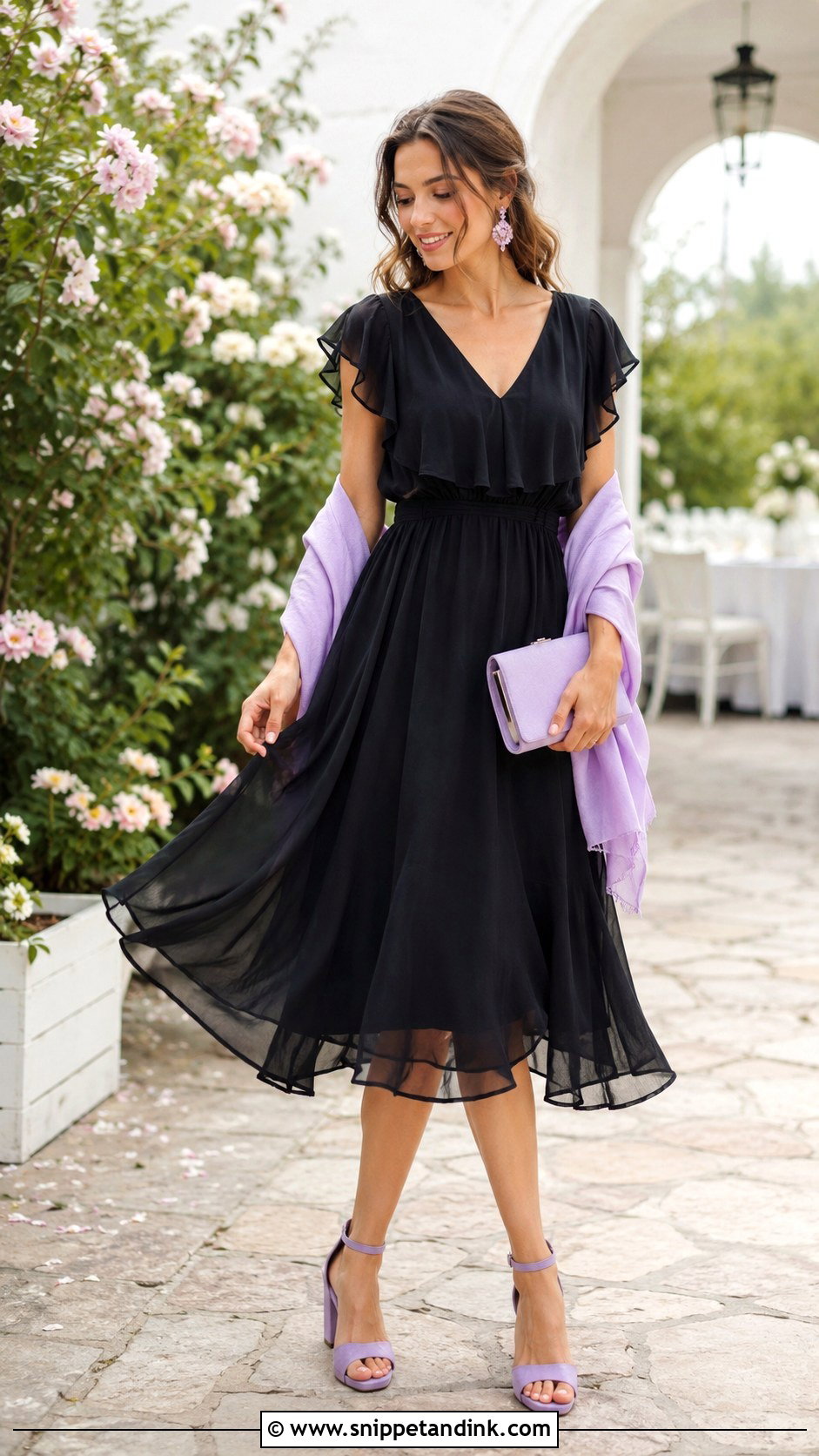 Black Chiffon Dress With Pastel Accessories - Snippet and Ink - 20 Dressing Up a Black Dress for a Wedding Ideas